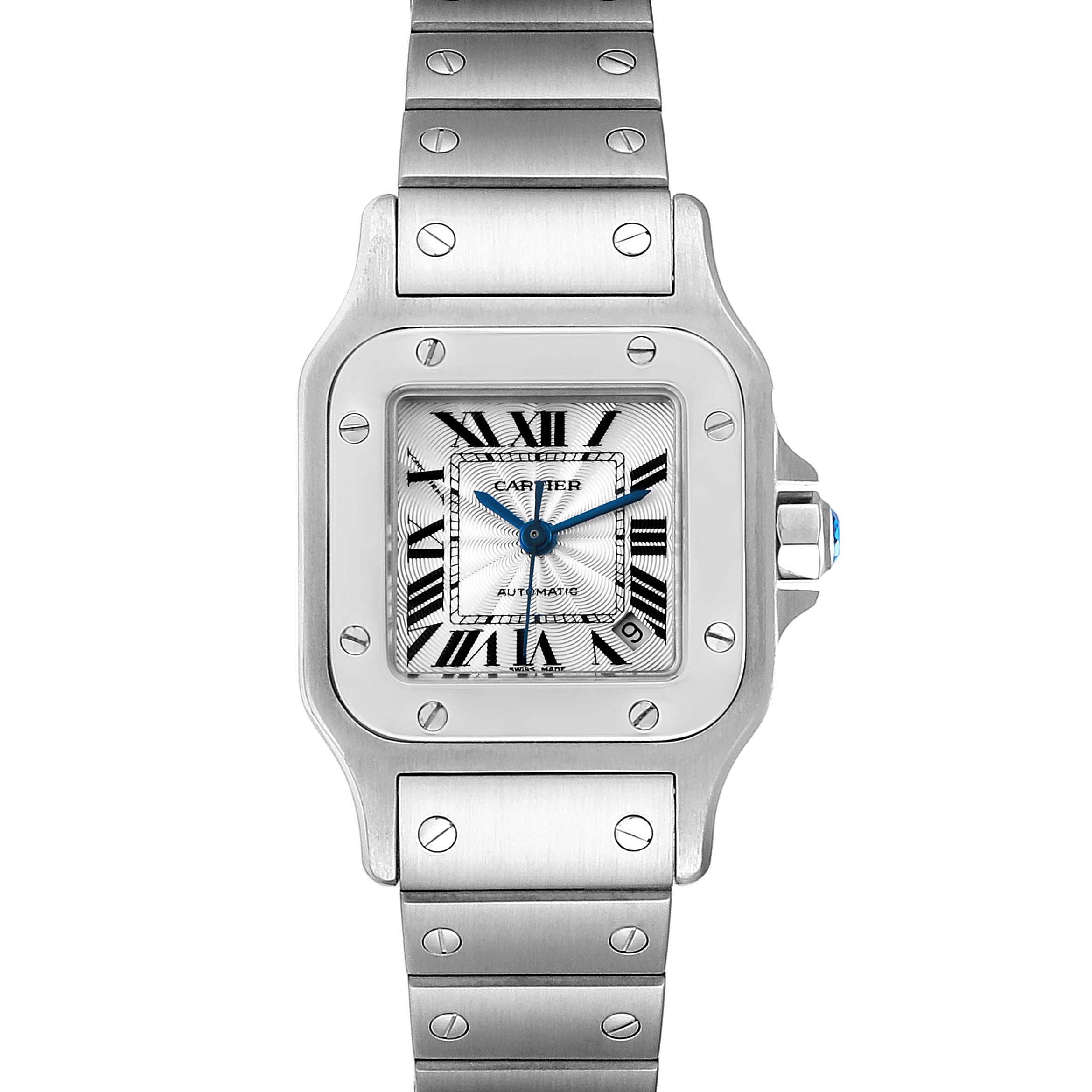 The image shows a front view of a Cartier Santos W20044D6 Women's Stainless Steel Silver Dial W20044D6 Women's Stainless Steel Silver Dial model watch, displaying its dial, bracelet, and case.