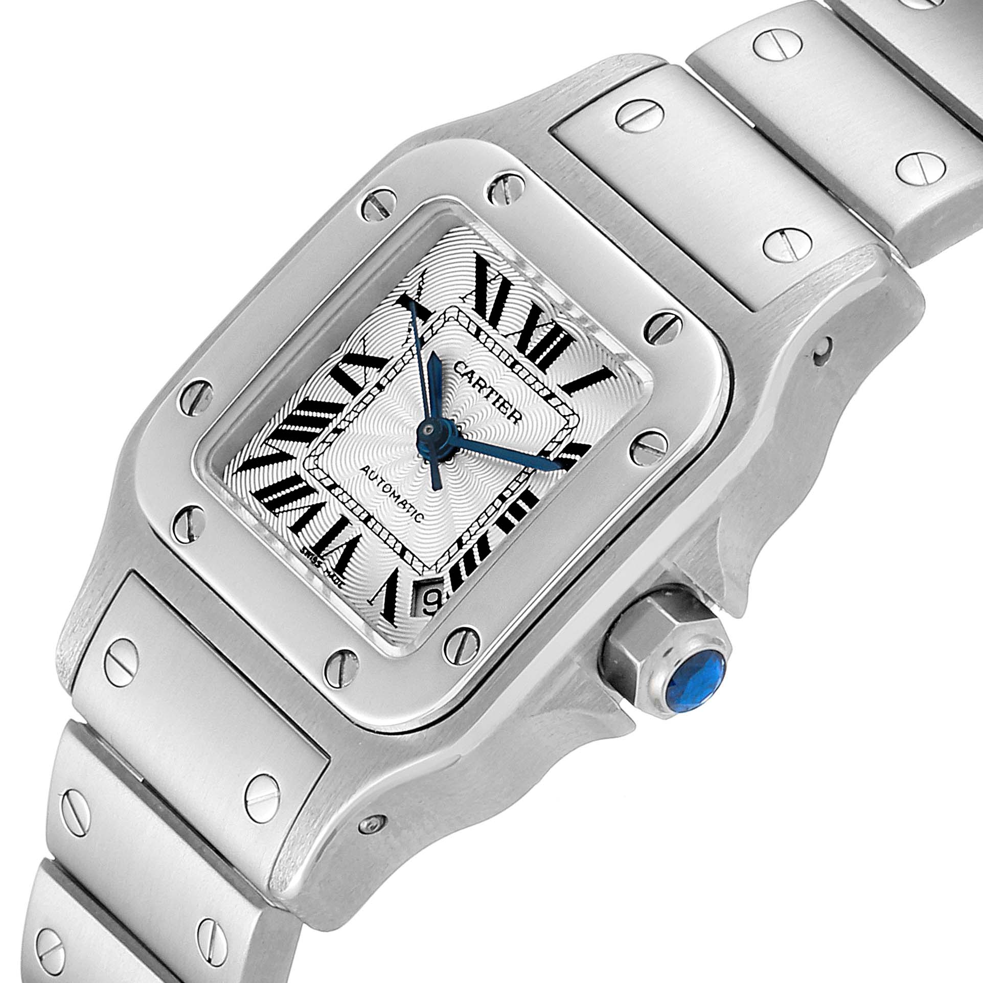 This image shows a close-up of the Cartier Santos W20044D6 Women's Stainless Steel Silver Dial W20044D6 Women's Stainless Steel Silver Dial watch, highlighting the face, bezel, and part of the metal bracelet.