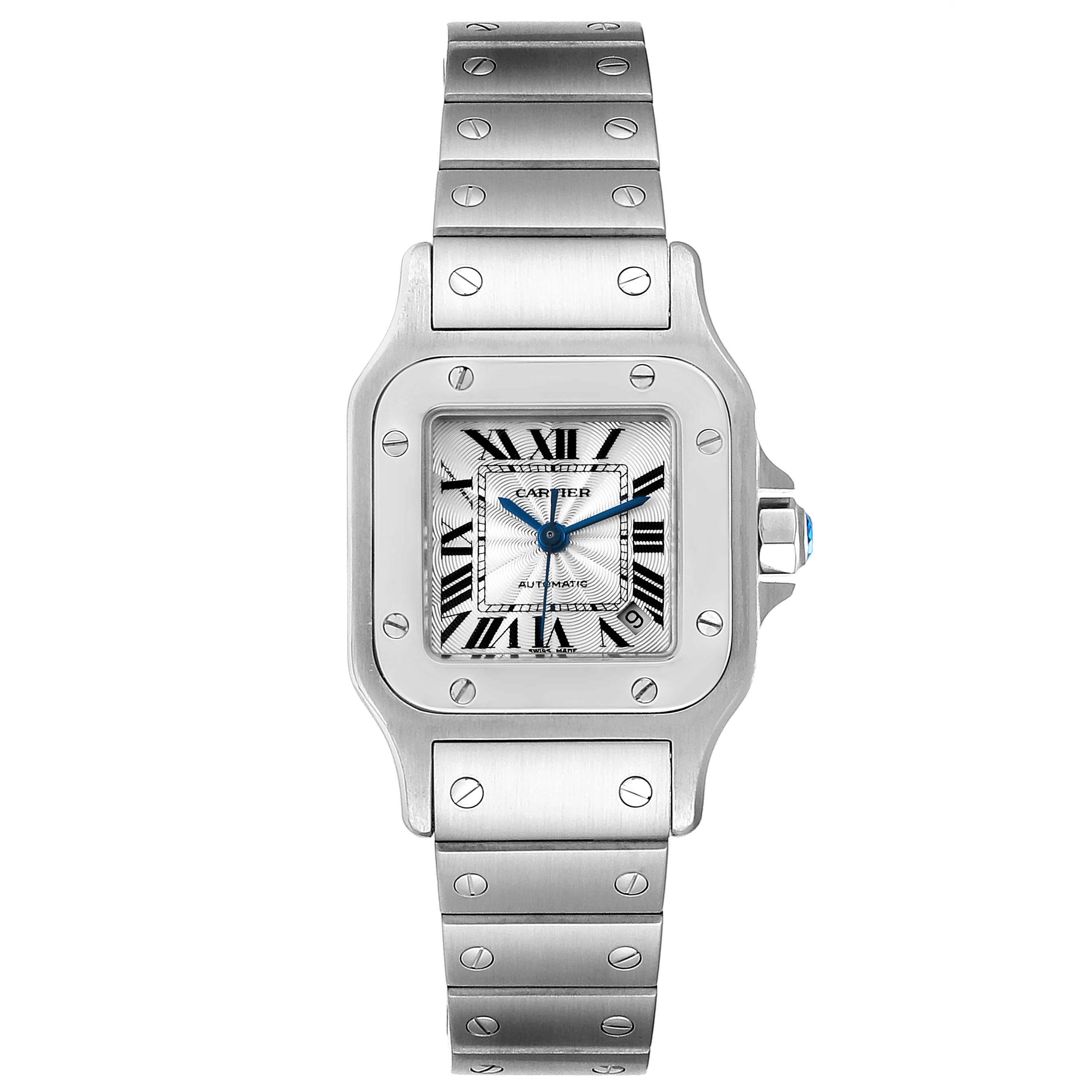 The image shows a front view of a Santos model by Cartier, featuring the watch face, bezel, and bracelet.