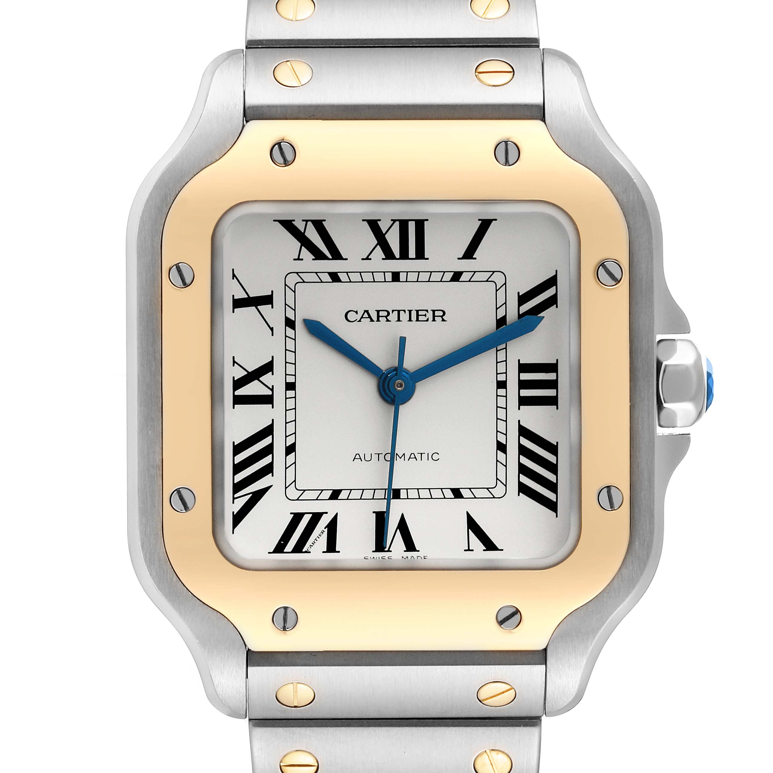 The image shows a close-up of the dial, bezel, and bracelet top of a Cartier Santos W2SA0007 Men
s Steel and Gold (two tone) Silver Dial W2SA0007 Men
s Steel and Gold (two tone) Silver Dial watch.