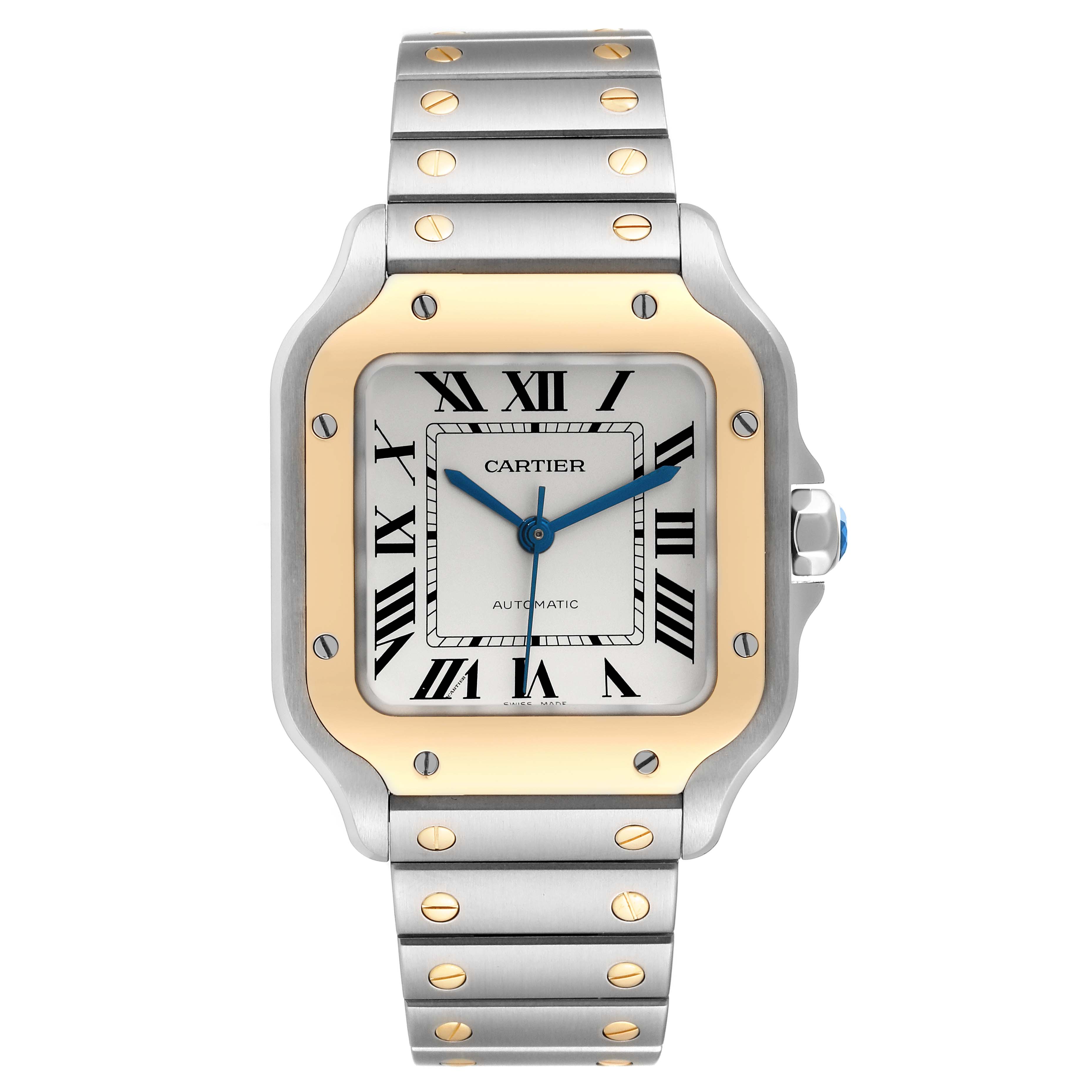 The image shows a frontal view of the Cartier Santos W2SA0007 Men
s Steel and Gold (two tone) Silver Dial W2SA0007 Men
s Steel and Gold (two tone) Silver Dial watch, highlighting its square face, Roman numerals, and metal bracelet with gold accents.