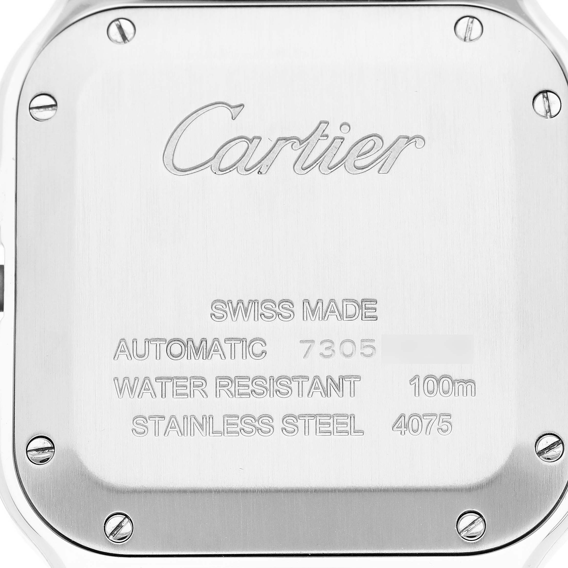 This image shows the back case of a Cartier Santos W2SA0007 Men
s Steel and Gold (two tone) Silver Dial W2SA0007 Men
s Steel and Gold (two tone) Silver Dial watch, highlighting its specifications and screw details.