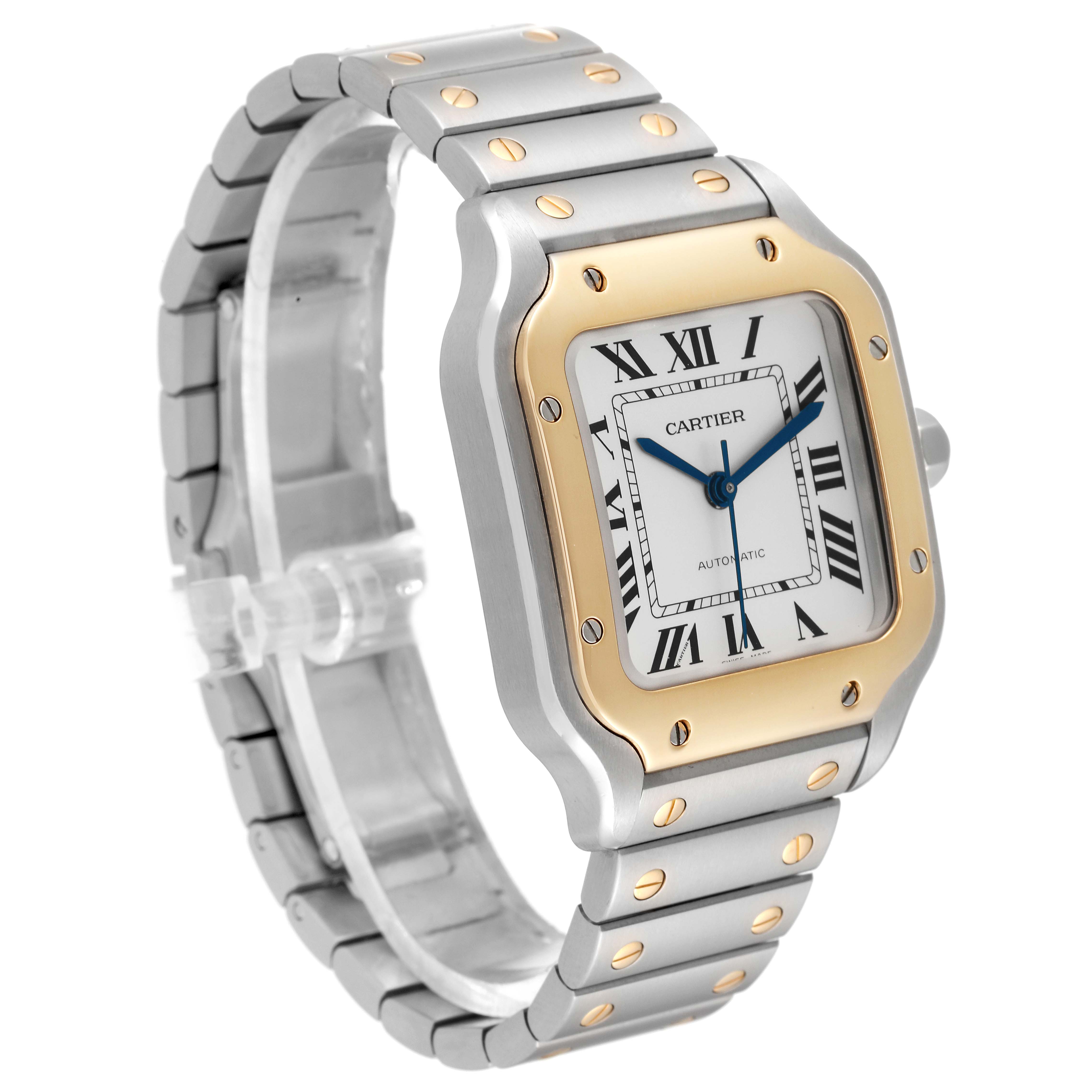 The angle shows the Cartier Santos W2SA0007 Men
s Steel and Gold (two tone) Silver Dial W2SA0007 Men
s Steel and Gold (two tone) Silver Dial watch from a slightly tilted side view, highlighting the face, bezel, and bracelet.