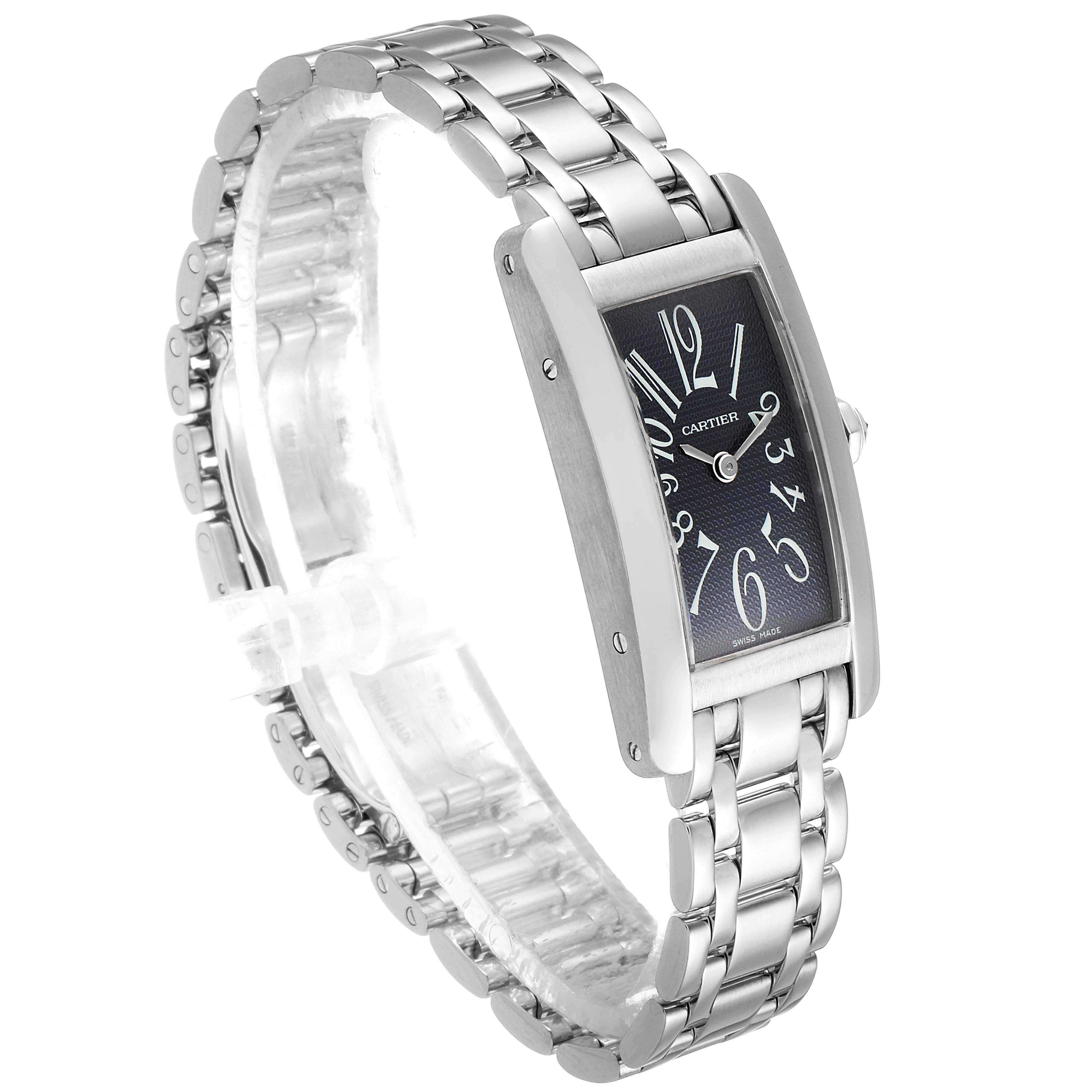 The image shows a Cartier Tank Americaine 1713 Women's White Gold Grey Dial 1713 Women's White Gold Grey Dial watch at a slight angle, highlighting its rectangular face and metal bracelet.