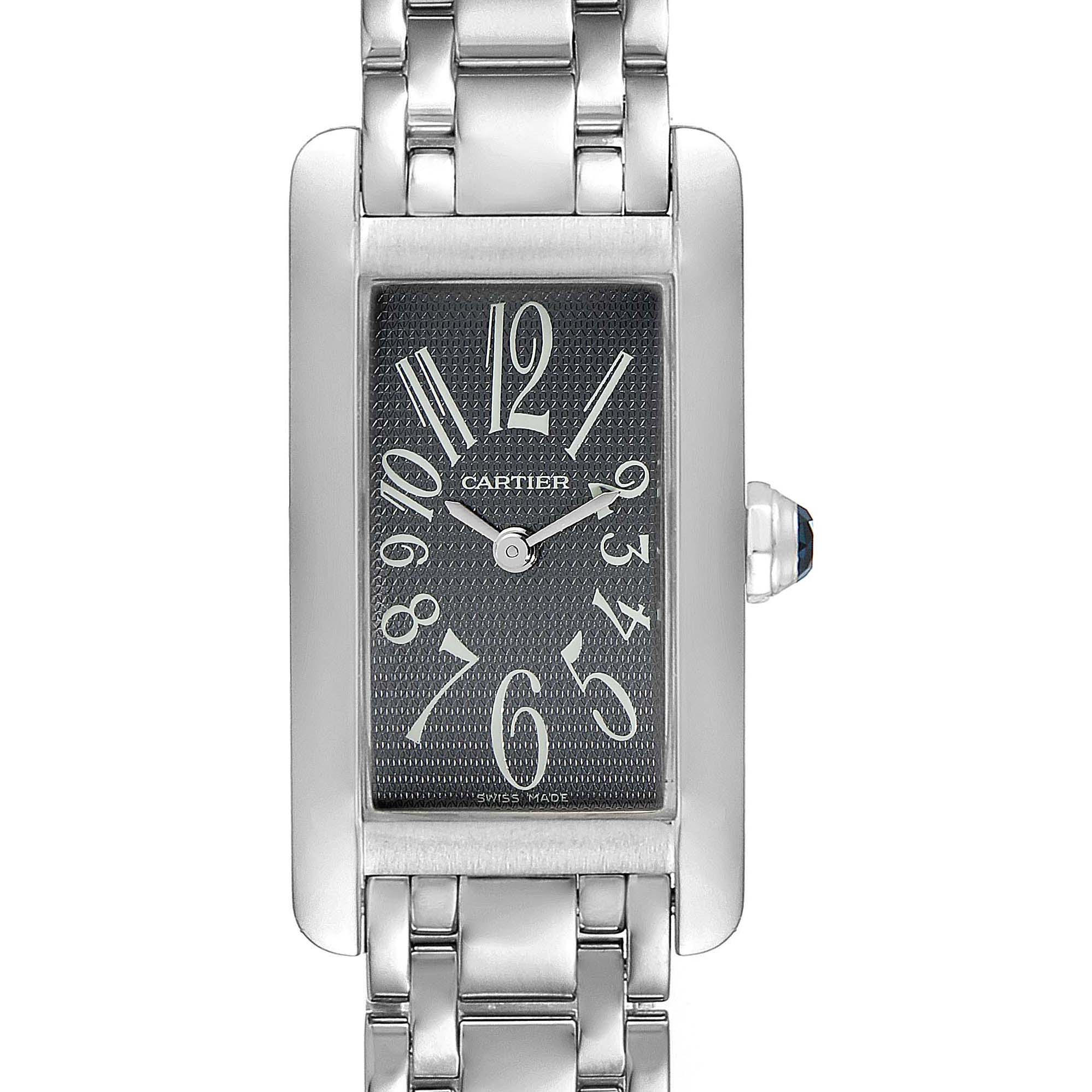 This image shows a straight-on view of the Cartier Tank Americaine 1713 Women's White Gold Grey Dial 1713 Women's White Gold Grey Dial watch, displaying the face, dial, and part of the metal bracelet.