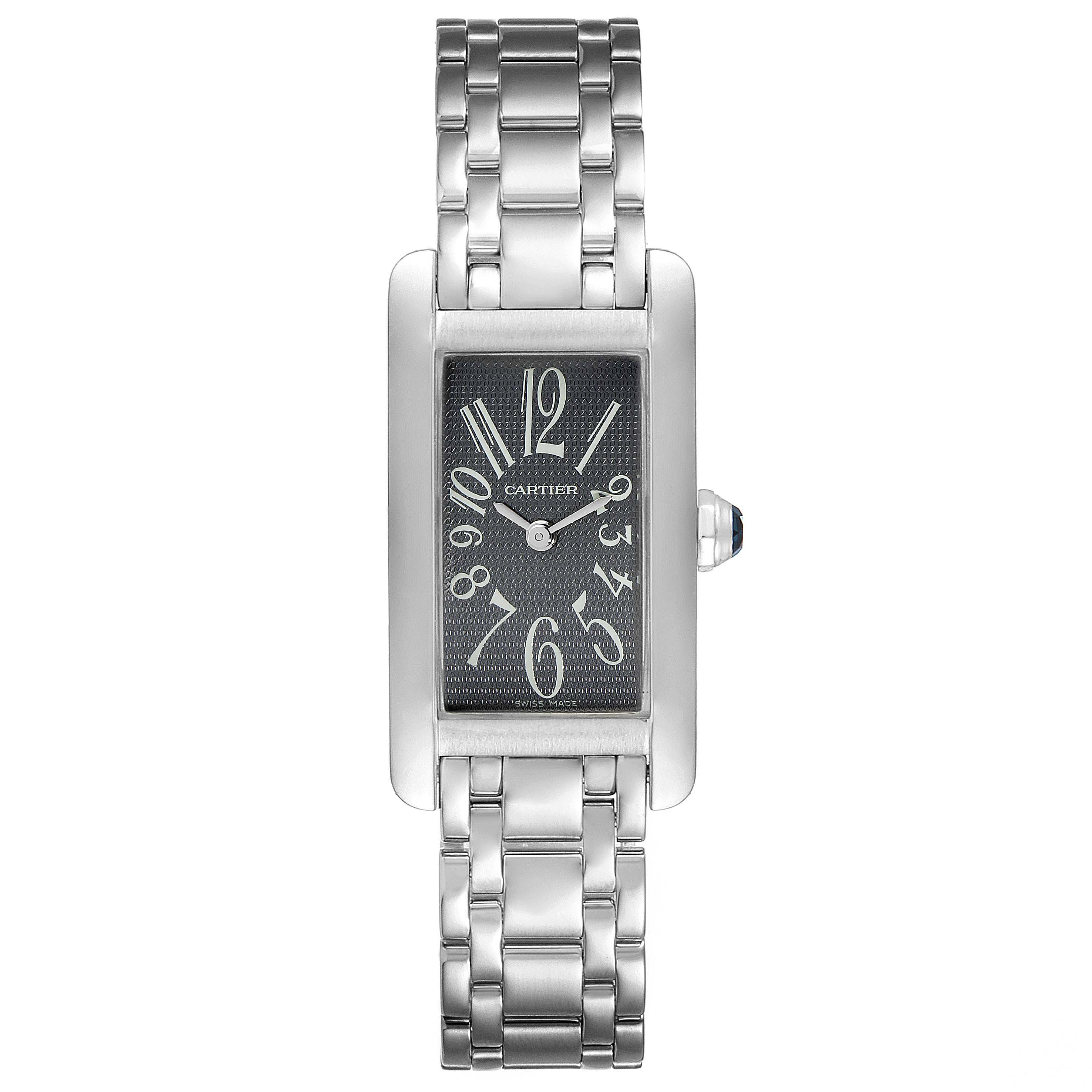 The image shows a front view of a Cartier Tank Américaine watch, displaying its rectangular face and metal bracelet.