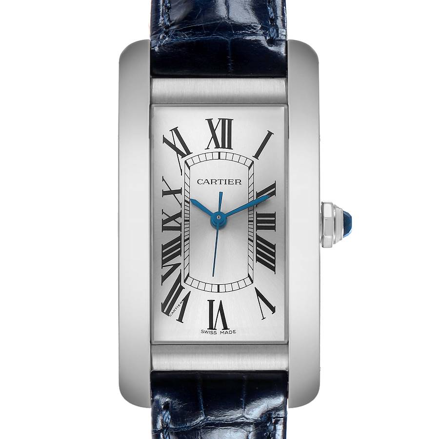 The Cartier Tank Americaine WSTA0017 Women's Stainless Steel Silver Dial watch is shown from a front view, highlighting its rectangular face, Roman numerals, and blue leather strap.