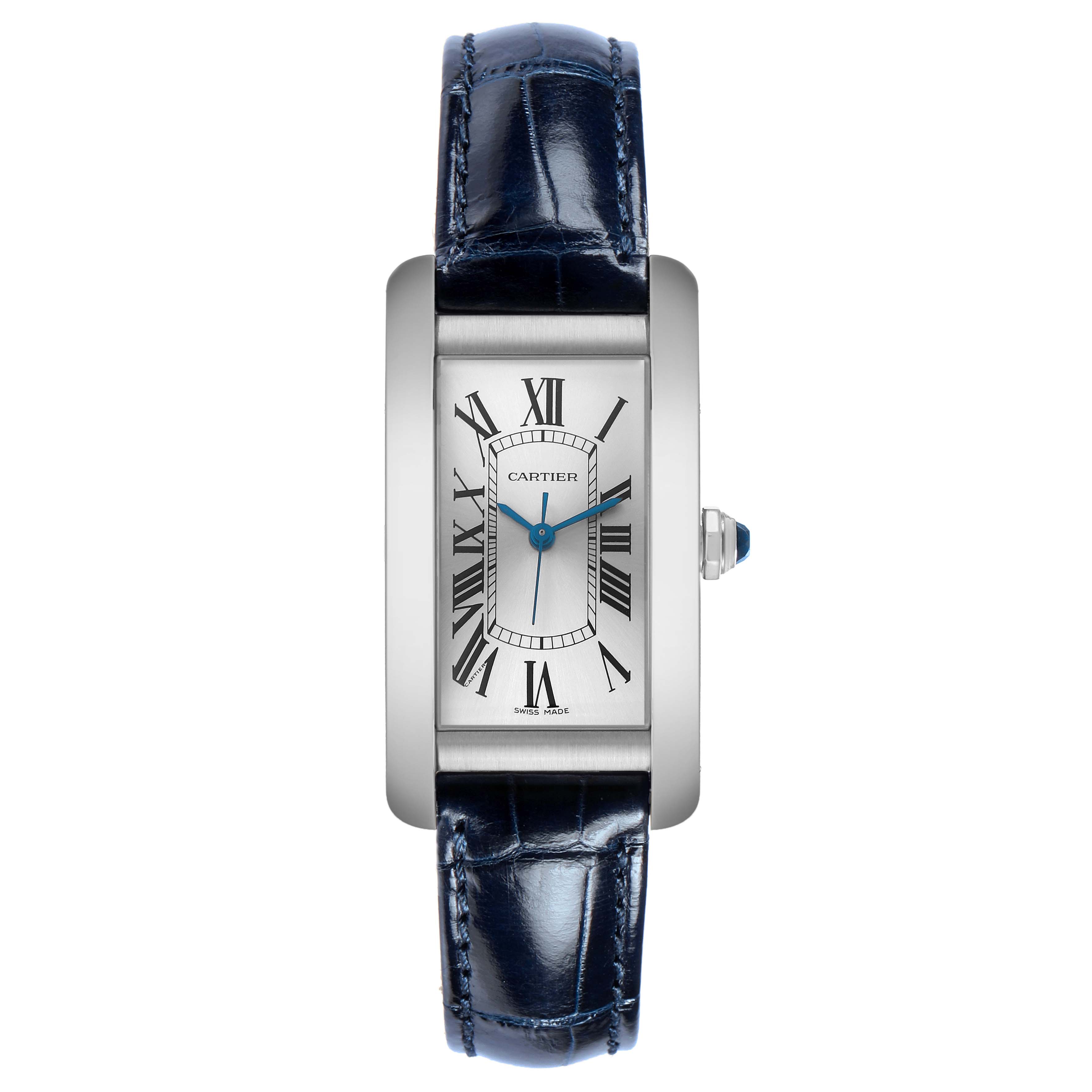 The Cartier Tank Américaine watch is shown from a front view, displaying its rectangular face, blue hands, Roman numerals, and leather strap.