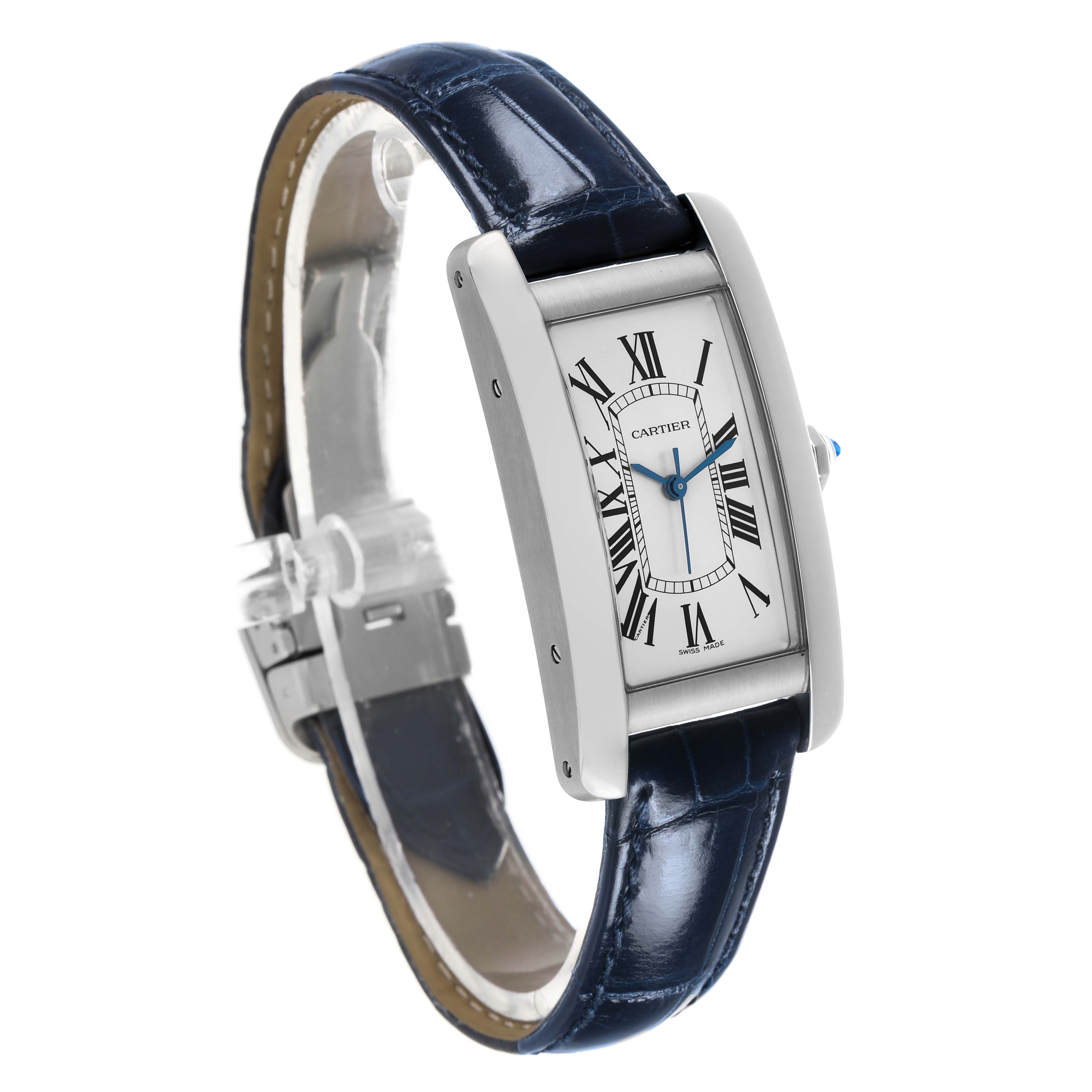 This image shows a Cartier Tank Americaine WSTA0017 Women's Stainless Steel Silver Dial watch in a three-quarter view, highlighting its rectangular face and blue leather strap.