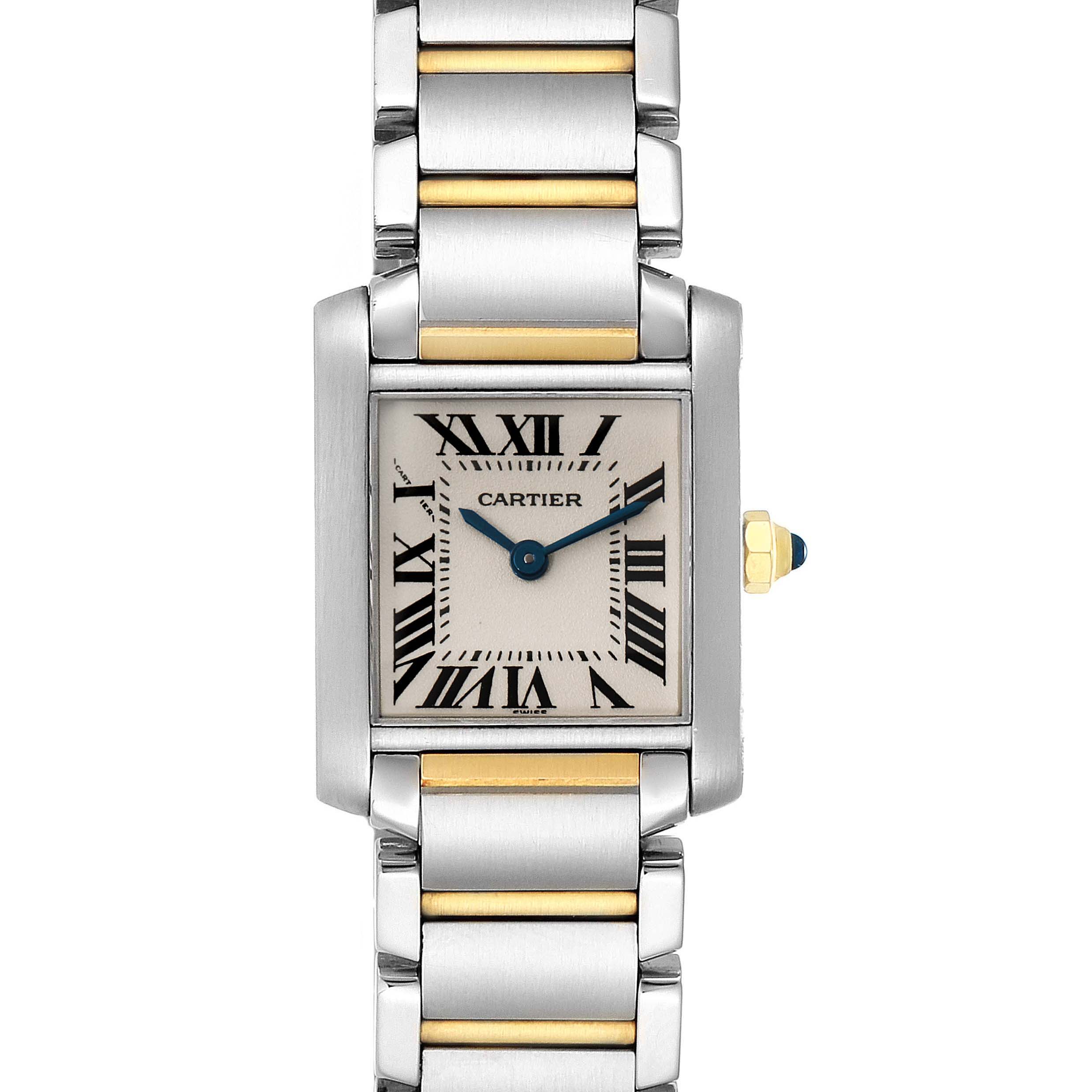 The image shows a frontal view of the Cartier Tank Francaise W51007Q4 Women's Steel and Gold (two tone) Silver Dial W51007Q4 Women's Steel and Gold (two tone) Silver Dial watch, featuring its face, hands, Roman numerals, and two-tone metal bracelet.