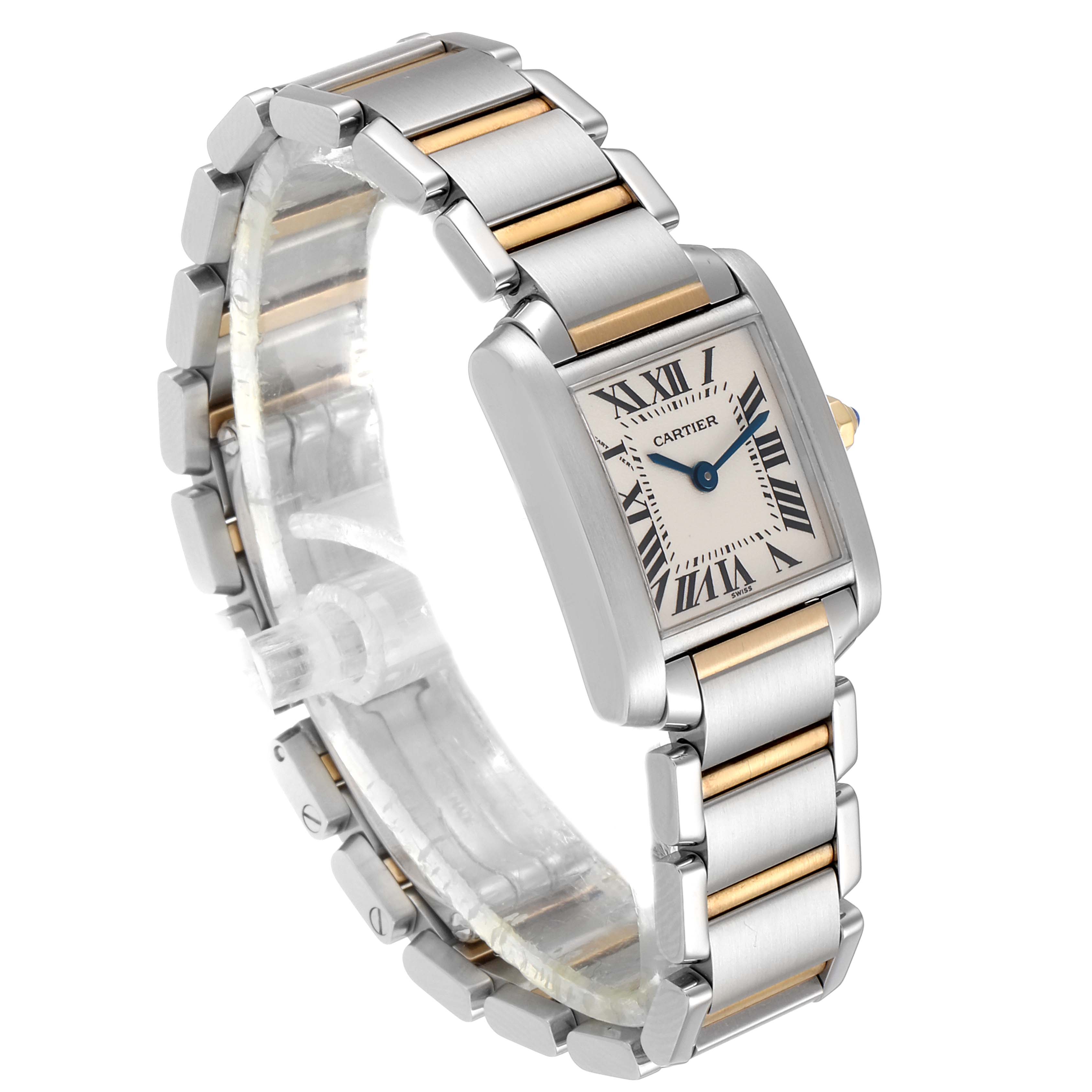 This image shows a Cartier Tank Francaise W51007Q4 Women's Steel and Gold (two tone) Silver Dial W51007Q4 Women's Steel and Gold (two tone) Silver Dial watch from an angled side view, highlighting the watch face and metal bracelet.