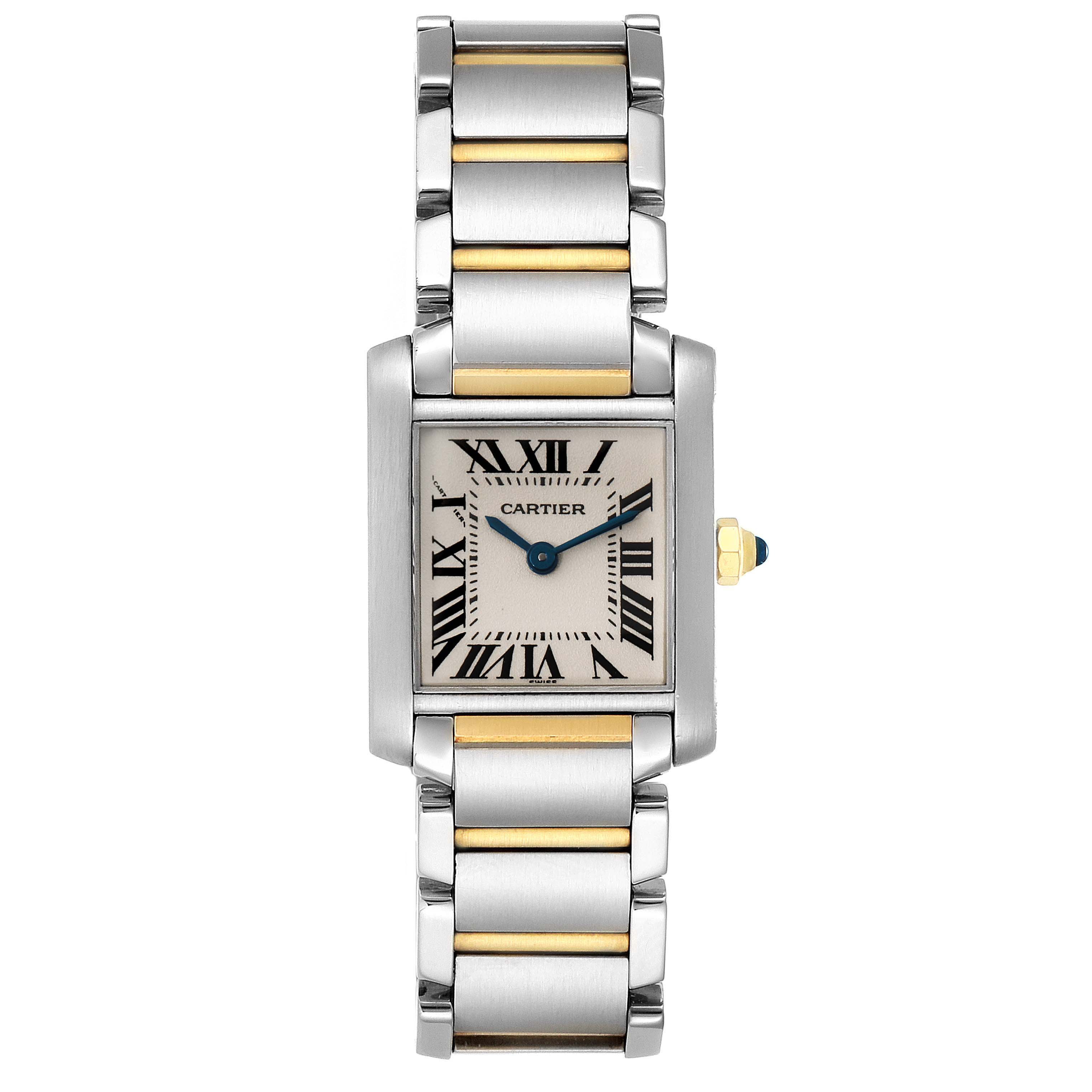 This is a front view of the Tank Française model by Cartier, showcasing its two-tone bracelet and rectangular dial.