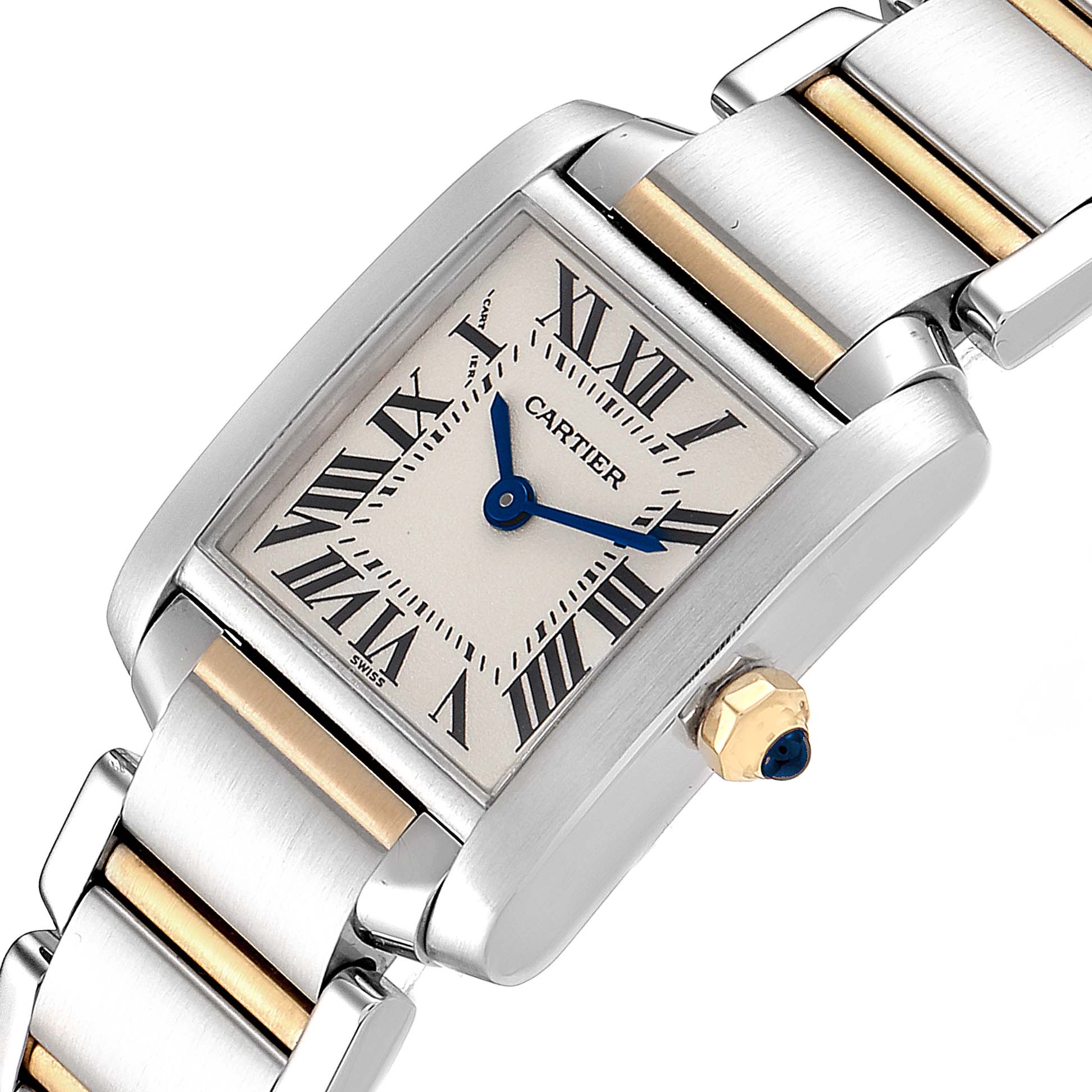 The image shows a close-up of the Cartier Tank Française watch, displaying its dial, case, crown, and part of the bracelet.