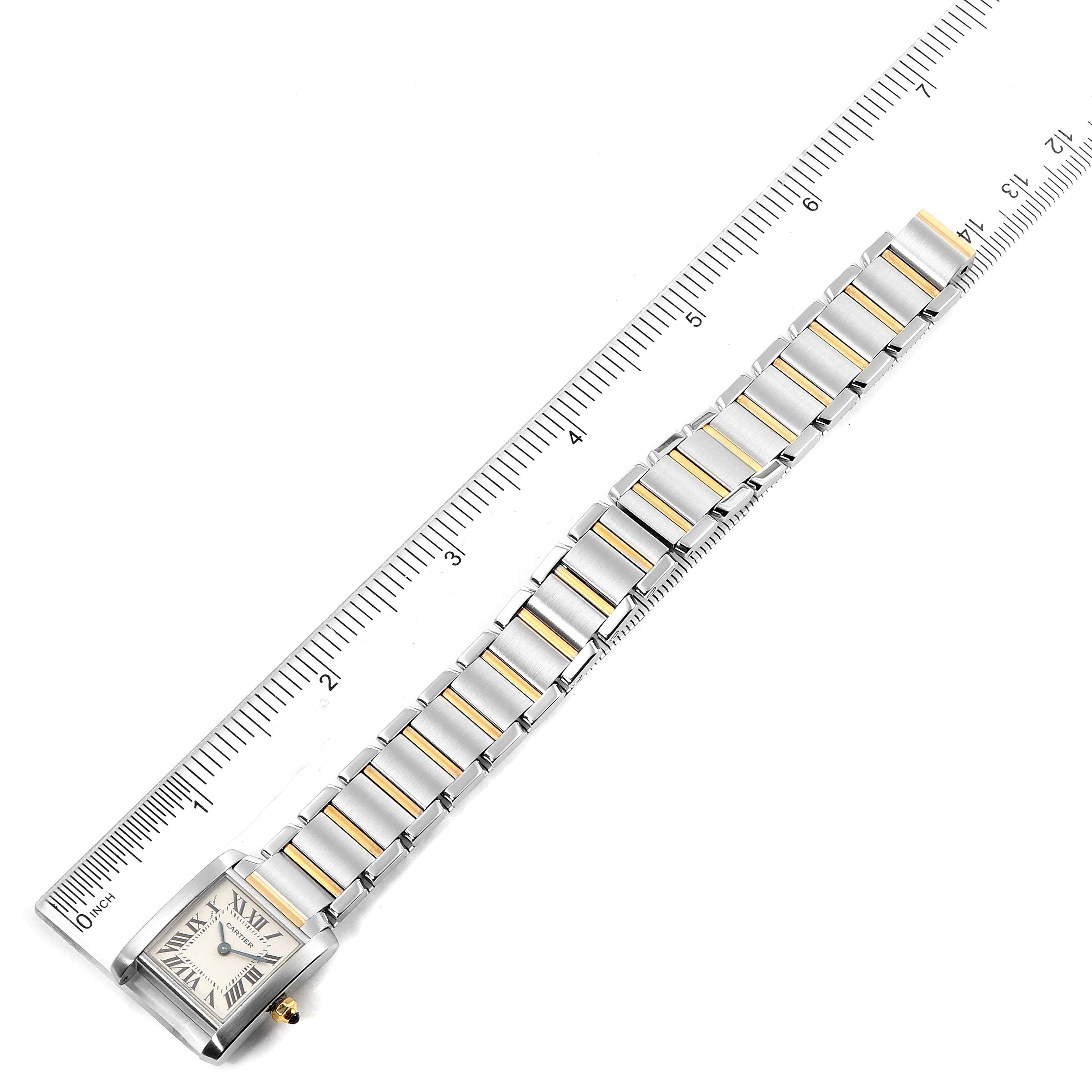 This image shows a Tank Francaise model by Cartier from a top-down angle, including the face and band.