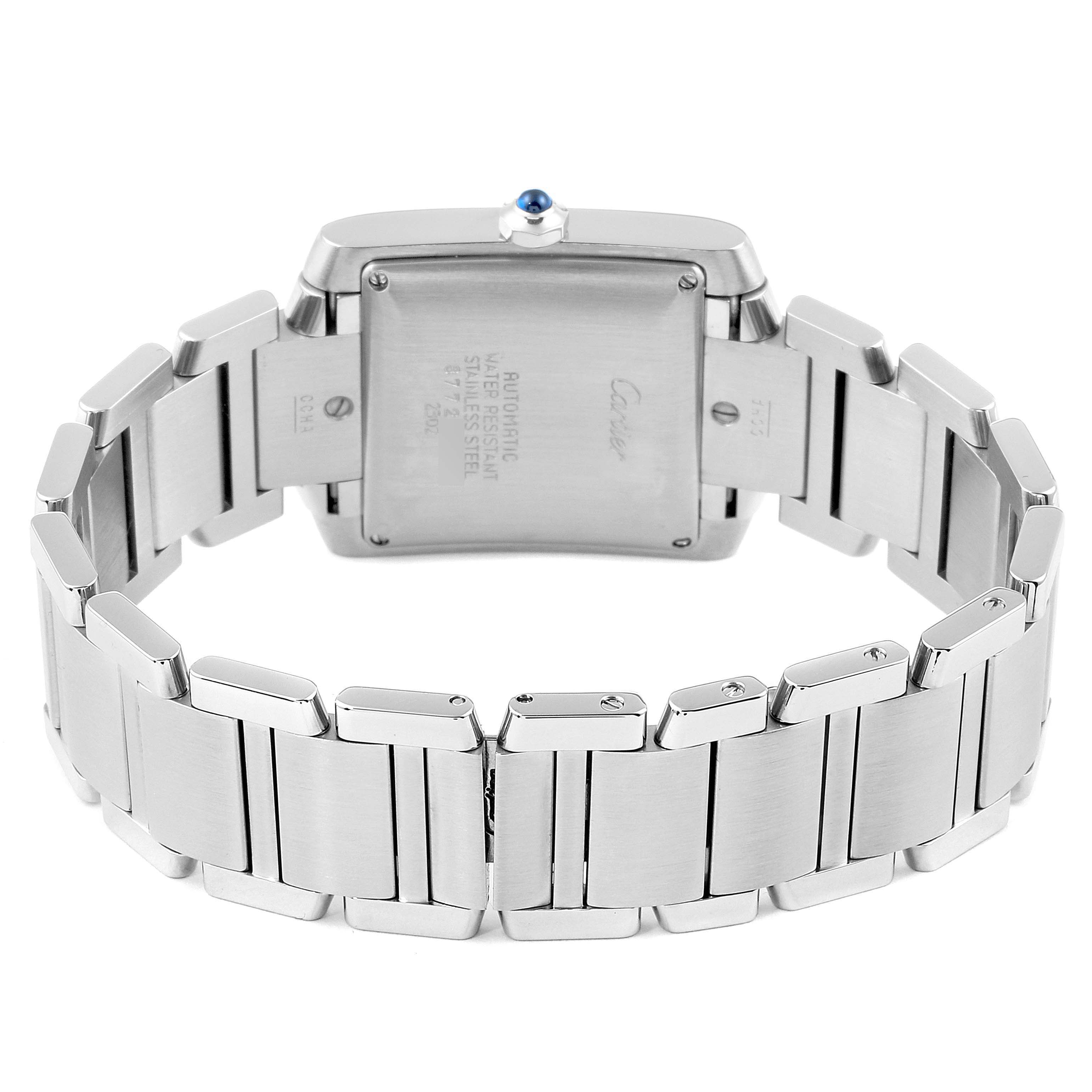 The image shows the back view of the Cartier Tank Francaise W51002Q3 Men's Stainless Steel Silver Dial W51002Q3 Men's Stainless Steel Silver Dial watch, highlighting its stainless steel case and bracelet.