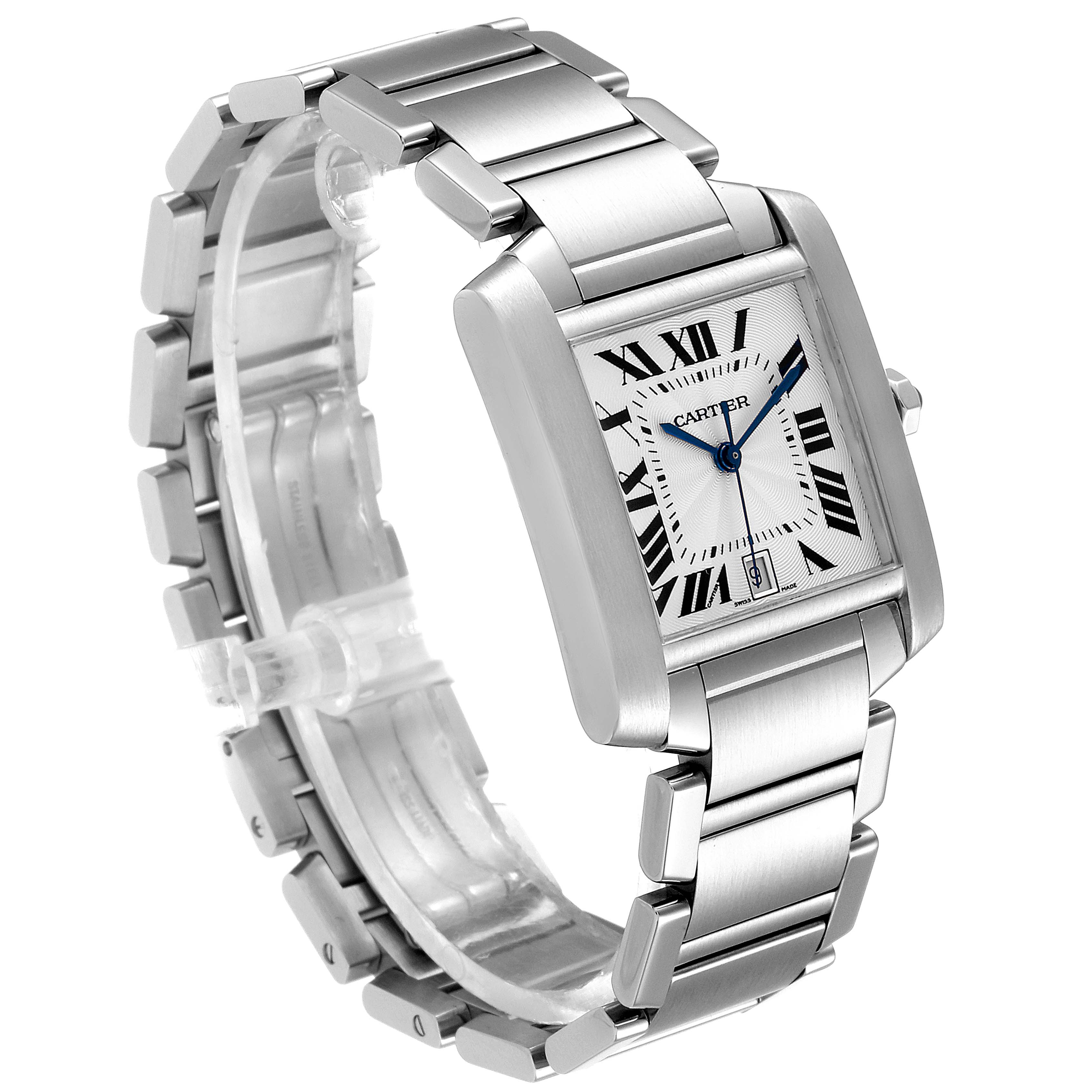 This image shows a side angle of a Cartier Tank Francaise W51002Q3 Men's Stainless Steel Silver Dial W51002Q3 Men's Stainless Steel Silver Dial watch, highlighting its rectangular face, metal bracelet, and crown.