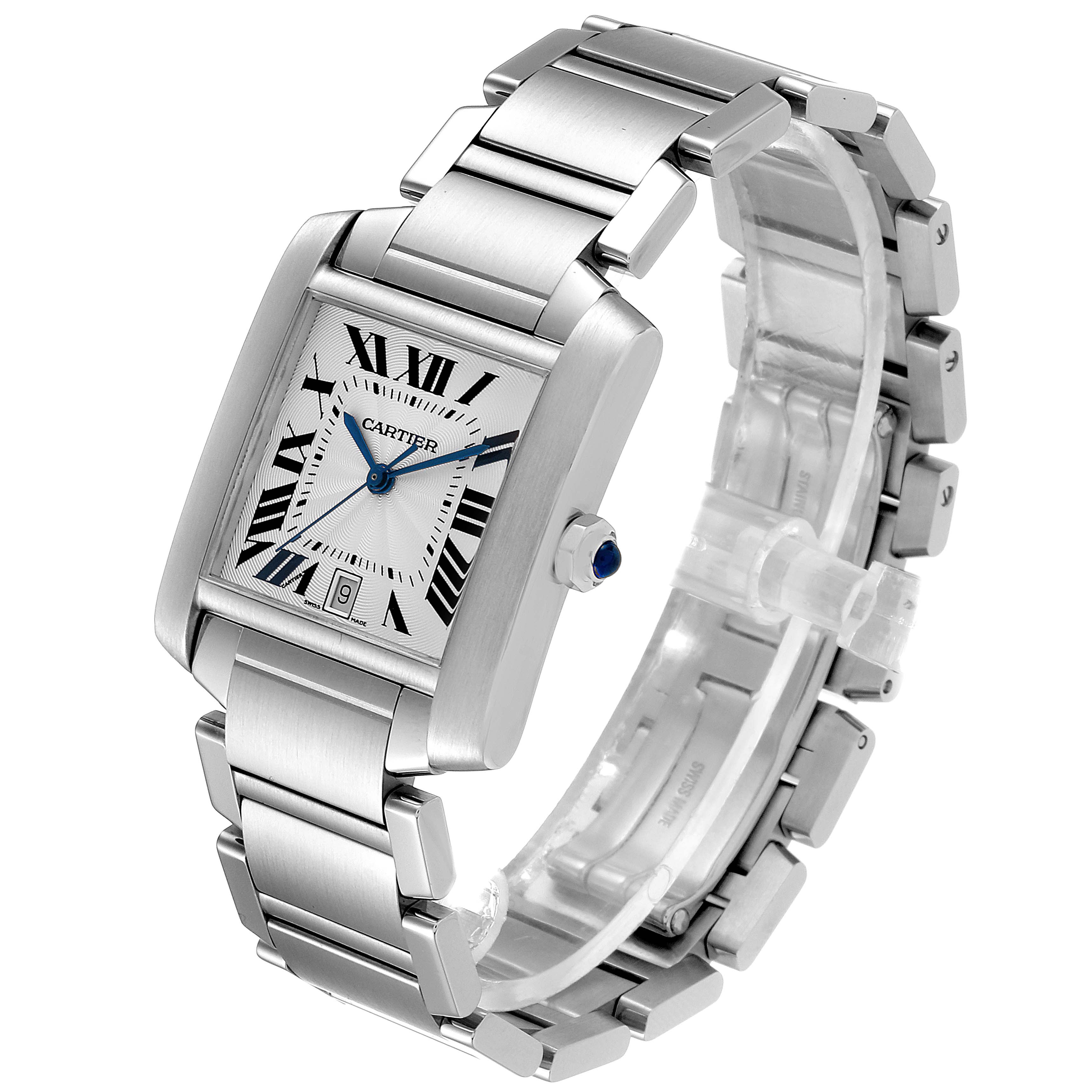 This image shows a Cartier Tank Française watch at a slight left diagonal angle, displaying the face, bracelet, and crown.