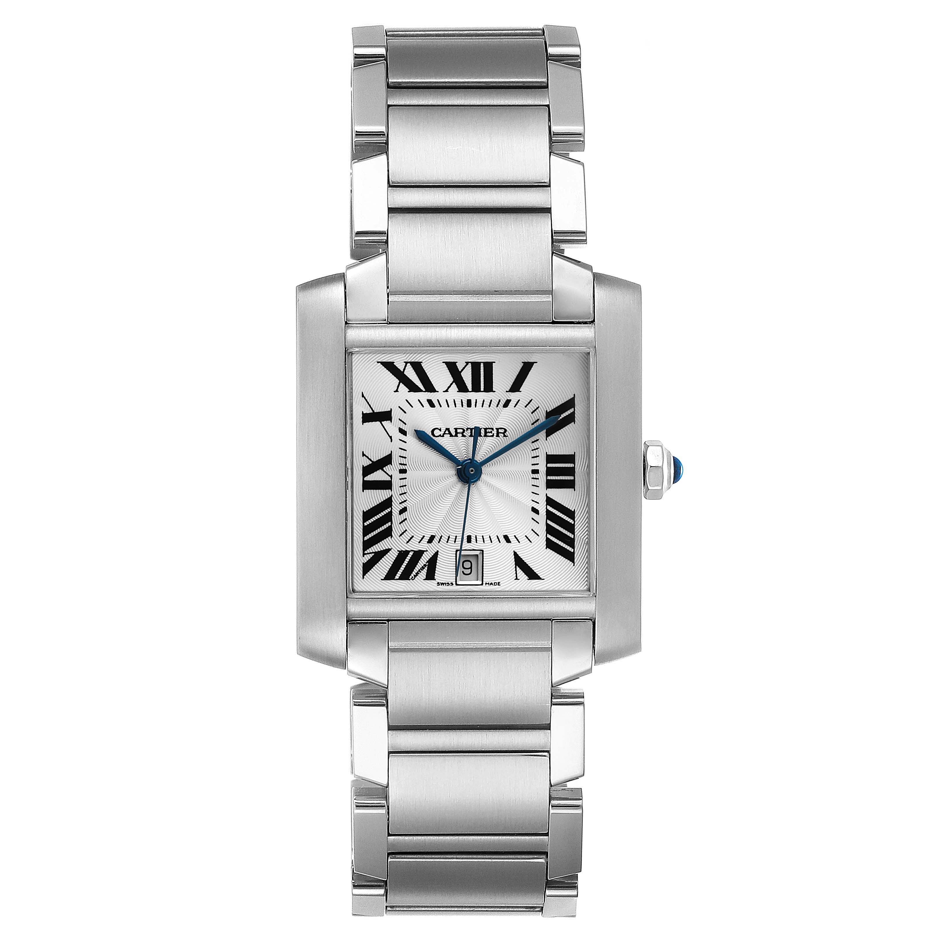This image showcases a front view of the Cartier Tank Française watch, featuring its rectangular dial and metallic bracelet.
