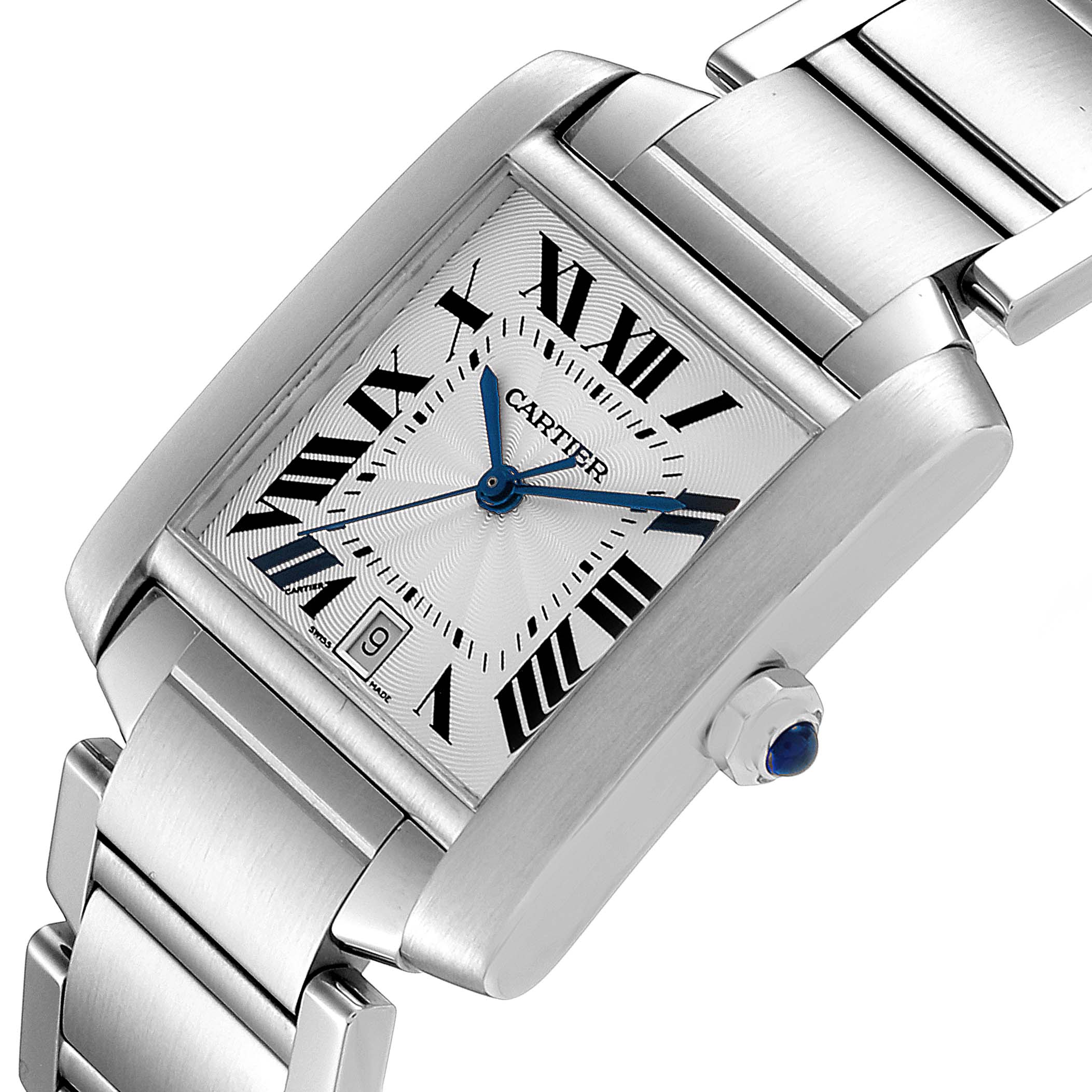 The image shows a close-up of the Cartier Tank Francaise W51002Q3 Men's Stainless Steel Silver Dial W51002Q3 Men's Stainless Steel Silver Dial watch face, bracelet, and crown.
