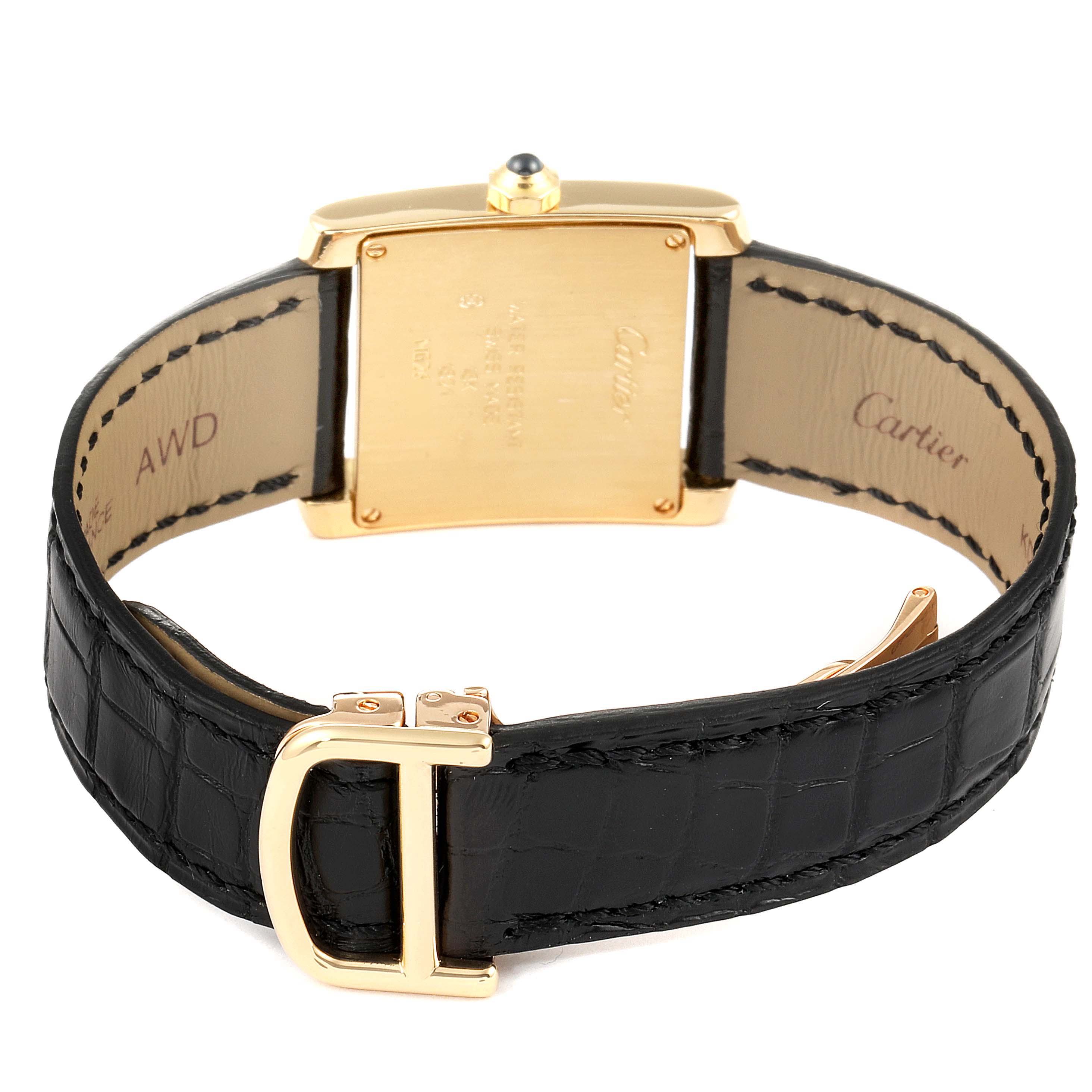 The image shows the back view of a Cartier Tank Française watch, highlighting the clasp and leather strap.