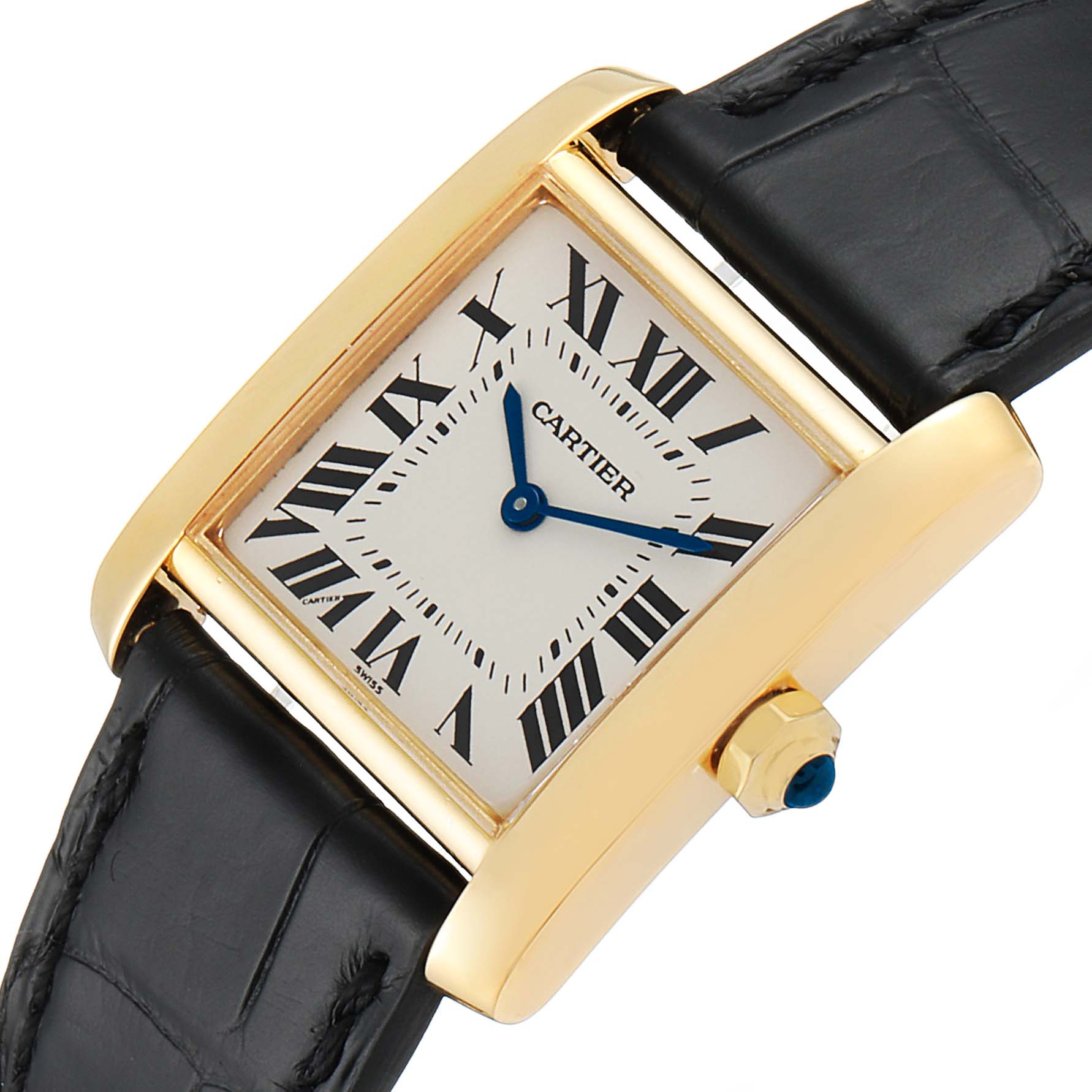 This is a close-up of the Cartier Tank Francaise W5000356 Women
s Yellow Gold Silver Dial W5000356 Women
s Yellow Gold Silver Dial watch, showing the face, case, and part of the leather strap at an angle.