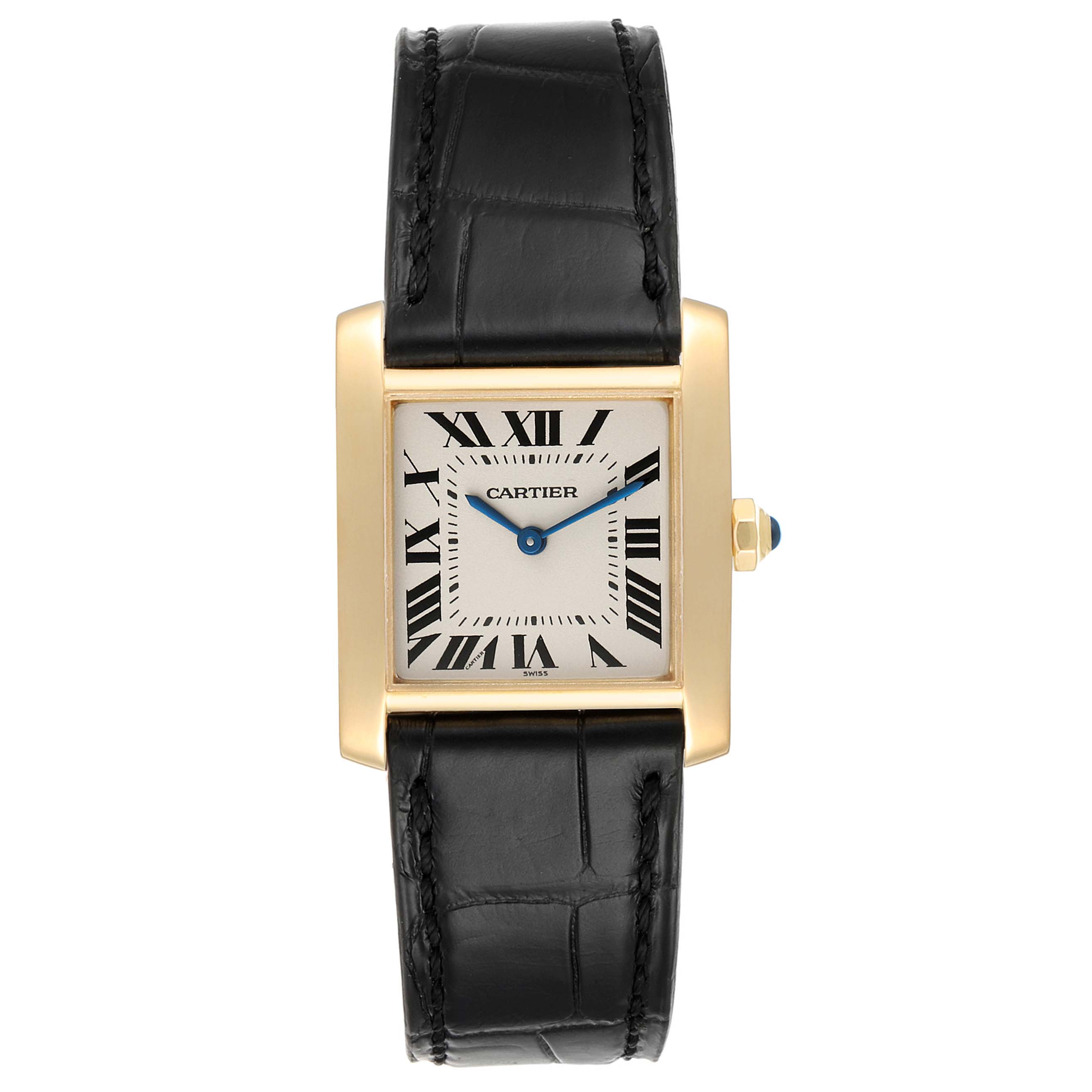 The image shows a frontal view of a Cartier Tank Francaise W5000356 Women
s Yellow Gold Silver Dial W5000356 Women
s Yellow Gold Silver Dial watch with a black leather strap and a gold rectangular case.