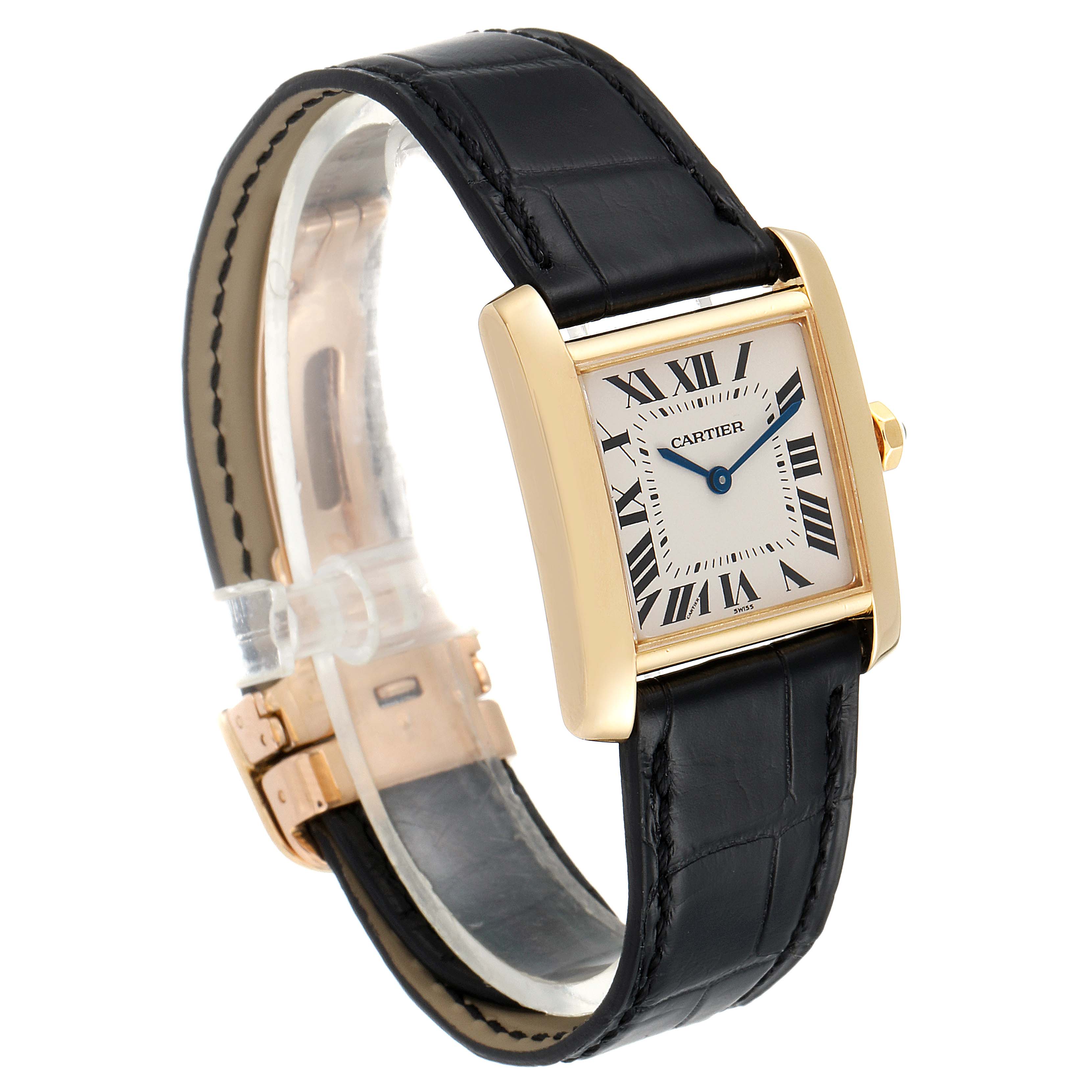 The image shows a Cartier Tank Française watch at a slight angle, featuring its gold rectangular case and black leather strap.