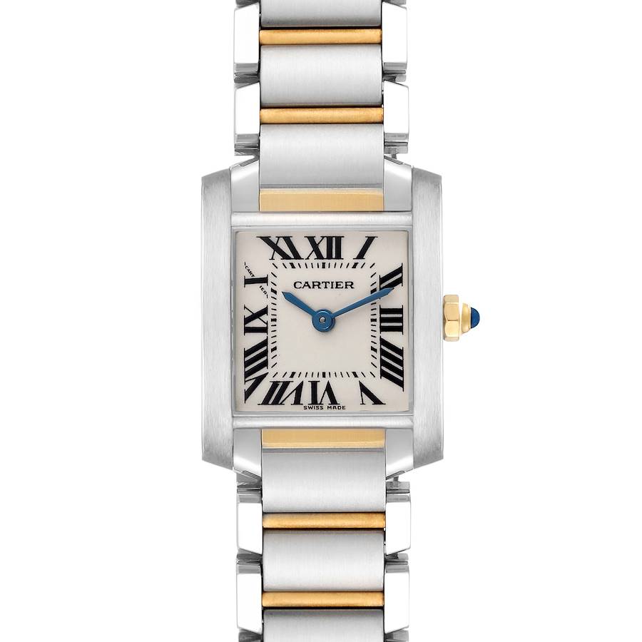The Cartier Tank Francaise watch is shown from a top-down angle, displaying the face, bezel, and bracelet.