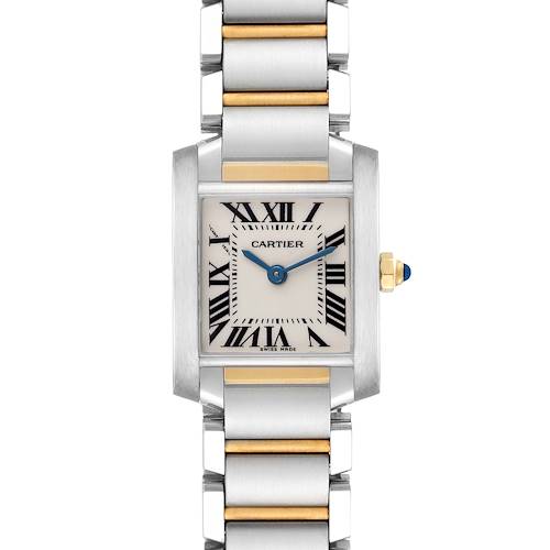 The Cartier Tank Française watch is shown from a front view, displaying the face, bezel, and part of the bracelet.