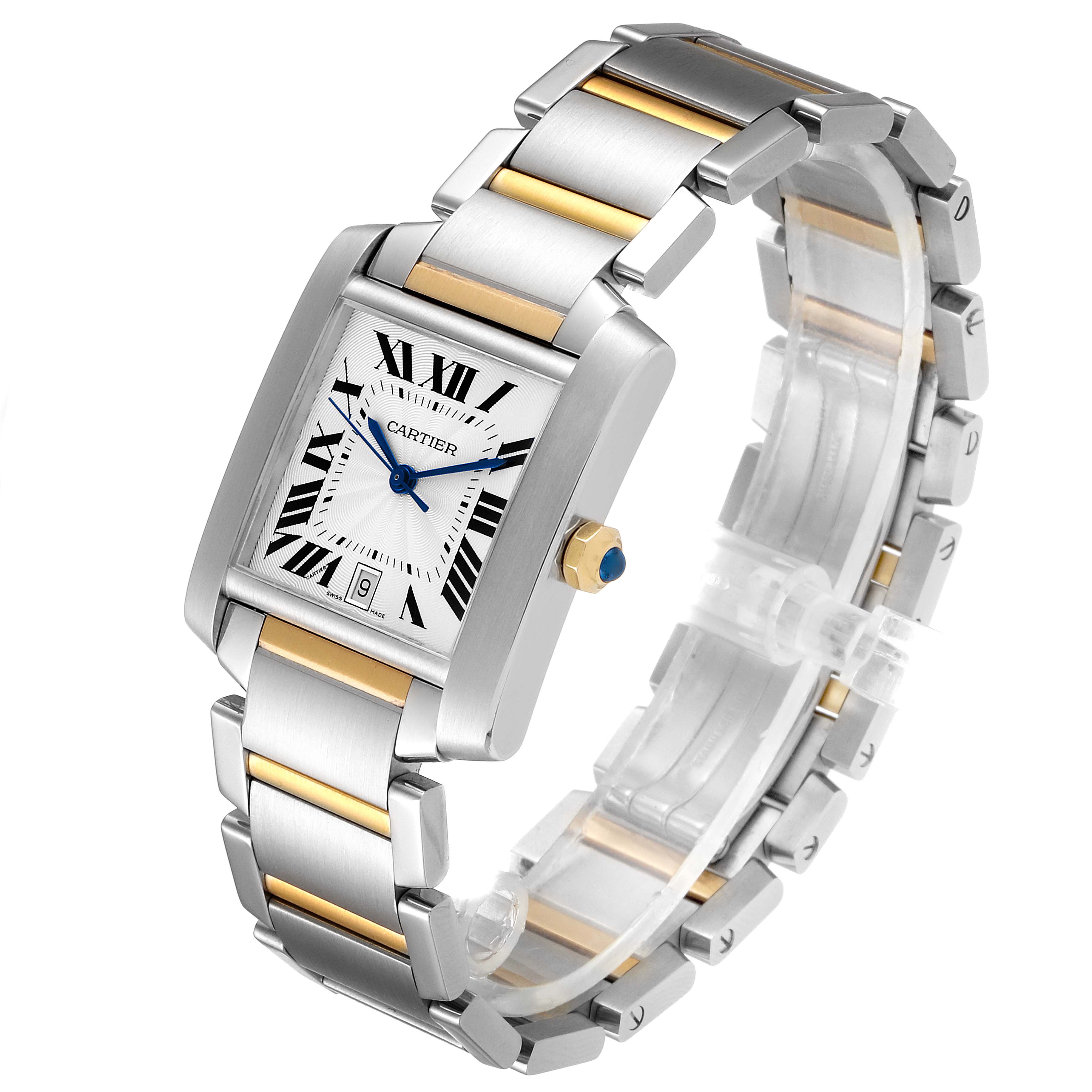The Cartier Tank Francaise W51005Q4 Men's Steel and Gold (two tone) Silver Dial W51005Q4 Men's Steel and Gold (two tone) Silver Dial watch is shown at a three-quarter angle, displaying its face, bezel, and two-tone metal band.