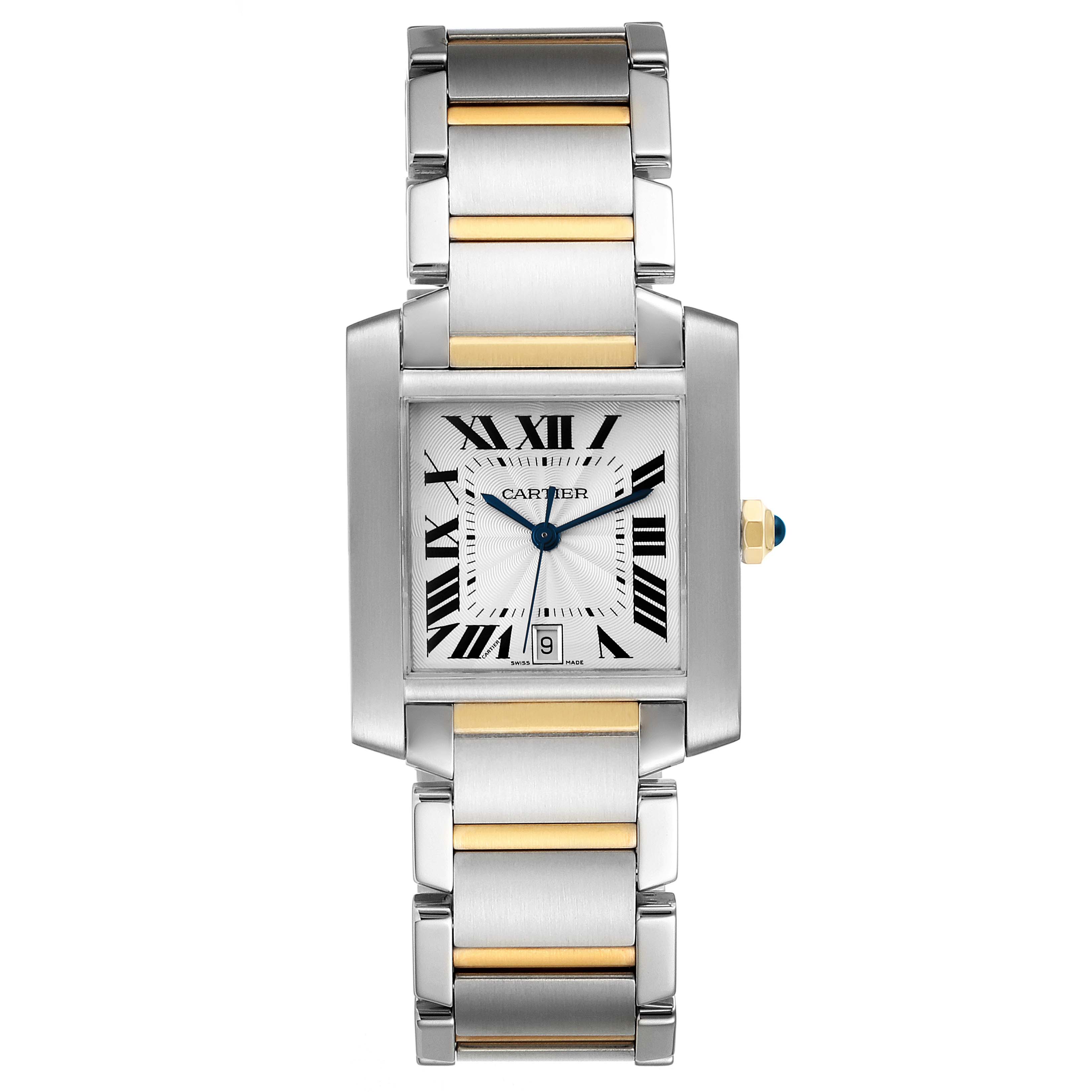This image shows a frontal view of a Cartier Tank Francaise W51005Q4 Men's Steel and Gold (two tone) Silver Dial W51005Q4 Men's Steel and Gold (two tone) Silver Dial watch, highlighting its rectangular dial and metal bracelet with gold accents.