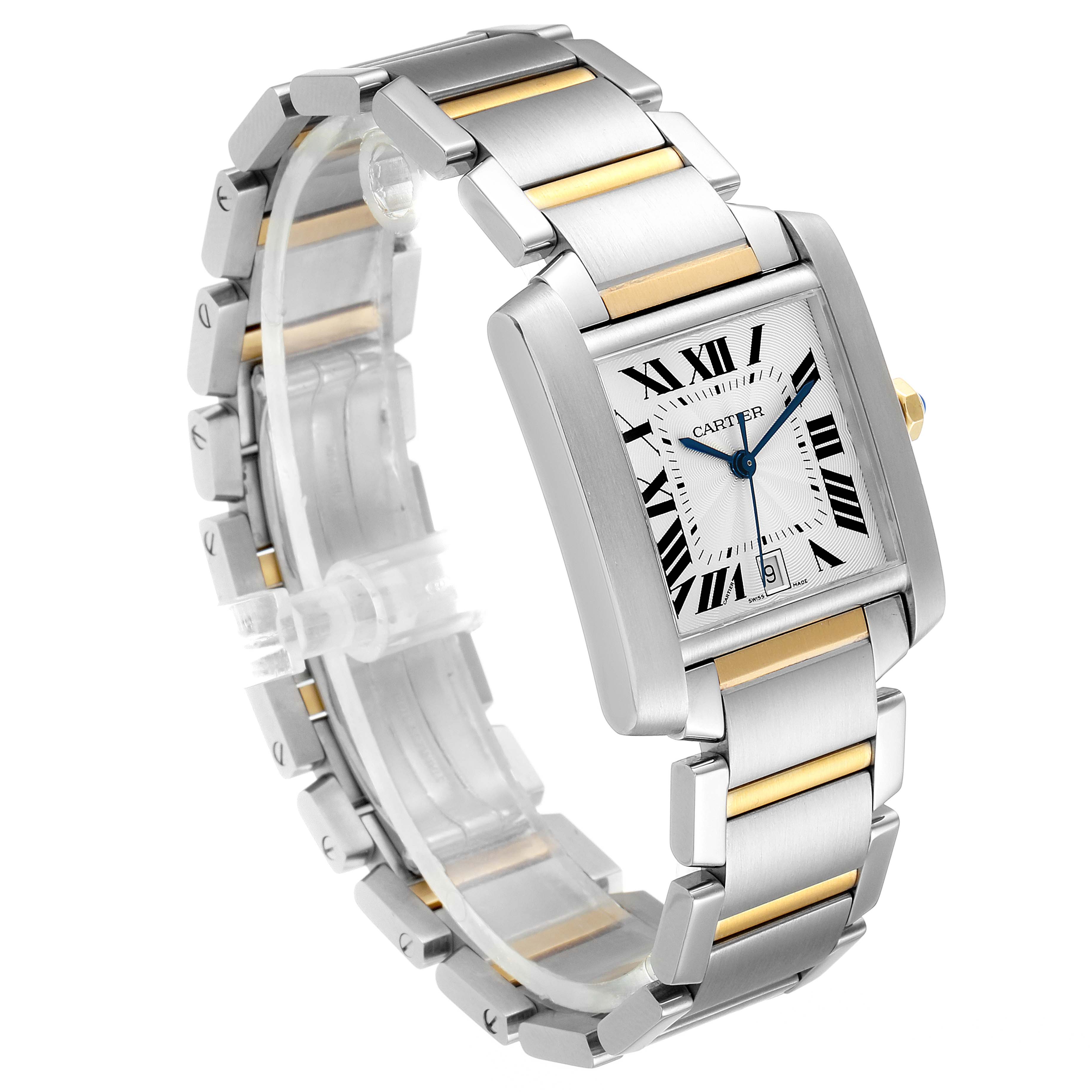 The Tank Française by Cartier is shown from an angled perspective, highlighting its rectangular dial, metallic bracelet, and gold accents.
