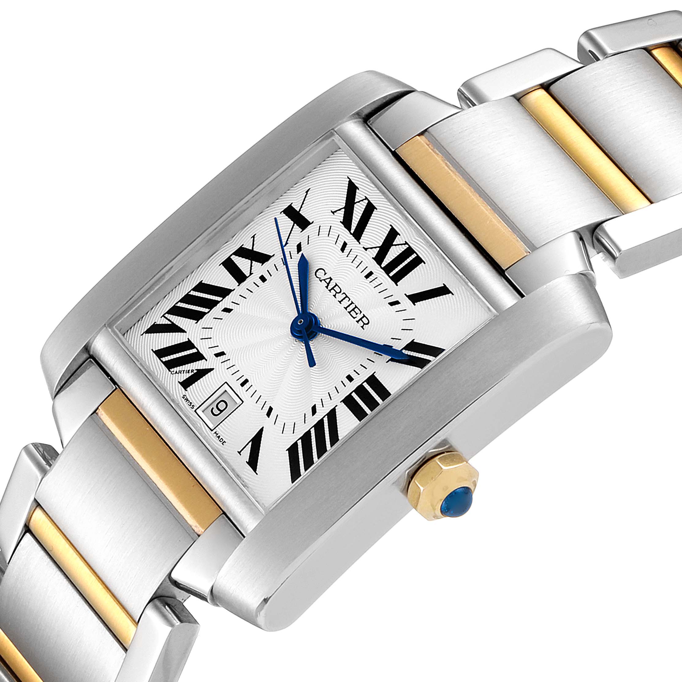 The image shows the face and part of the bracelet of a Cartier Tank Francaise W51005Q4 Men's Steel and Gold (two tone) Silver Dial W51005Q4 Men's Steel and Gold (two tone) Silver Dial watch from an oblique angle.