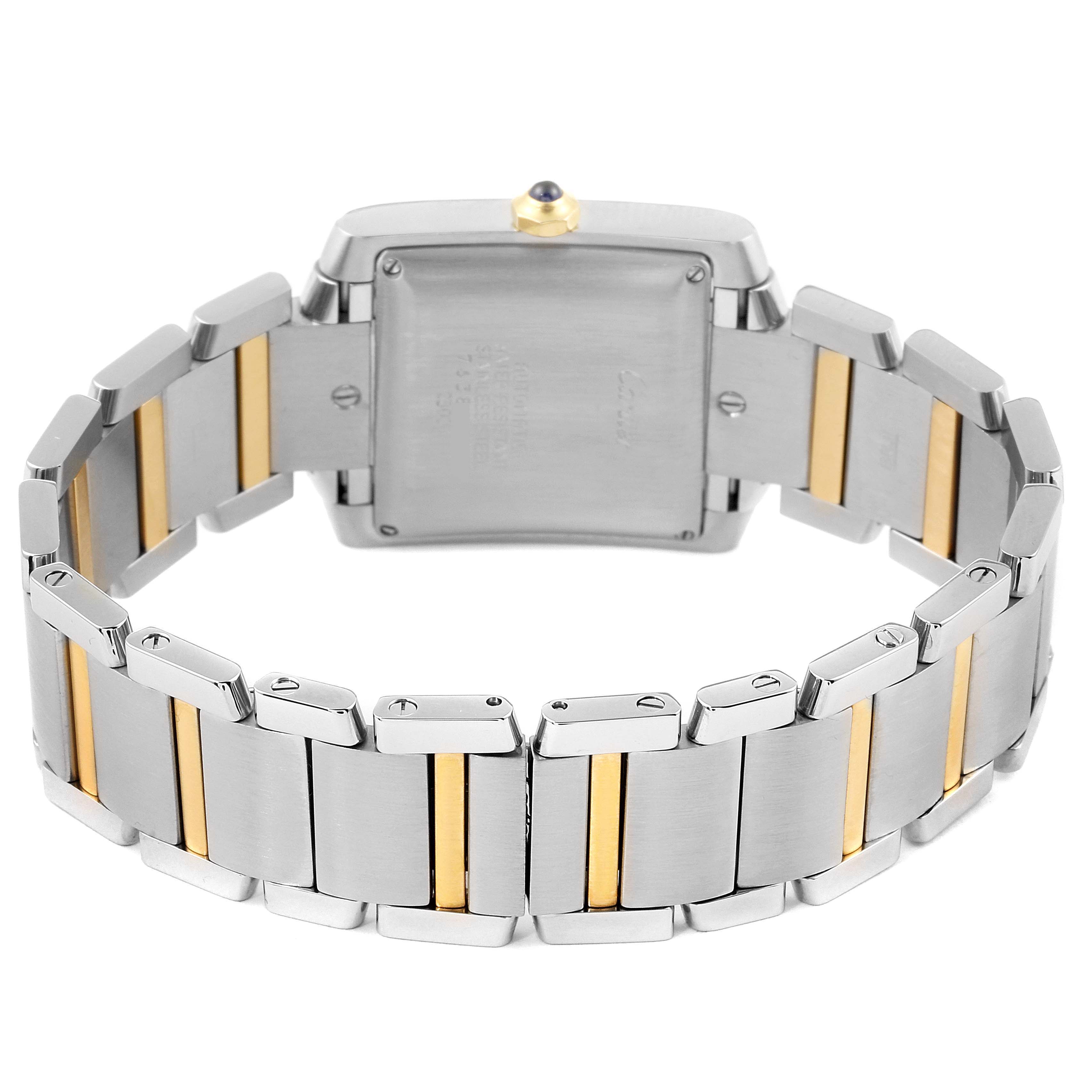The image shows the back view of a Cartier Tank Francaise W51005Q4 Men's Steel and Gold (two tone) Silver Dial W51005Q4 Men's Steel and Gold (two tone) Silver Dial watch, highlighting the stainless steel and gold bracelet and case back.