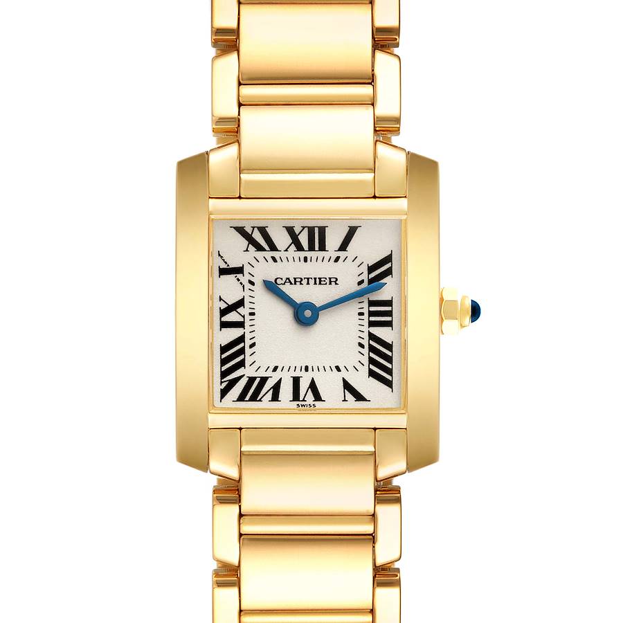 The Cartier Tank Francaise watch is shown from a front view, highlighting the face, Roman numerals, and part of the gold bracelet.