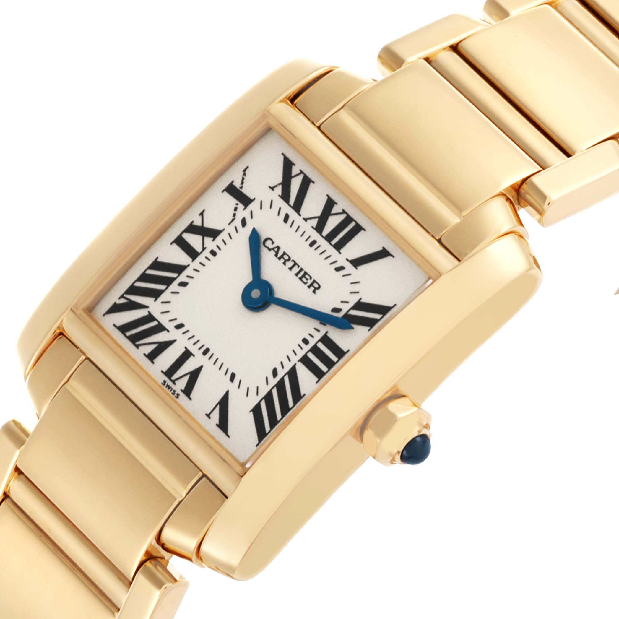 The Cartier Tank Francaise W50002N2 Women's Yellow Gold White Dial W50002N2 Women's Yellow Gold White Dial watch is shown at an angled close-up, highlighting the face, Roman numerals, and bracelet.
