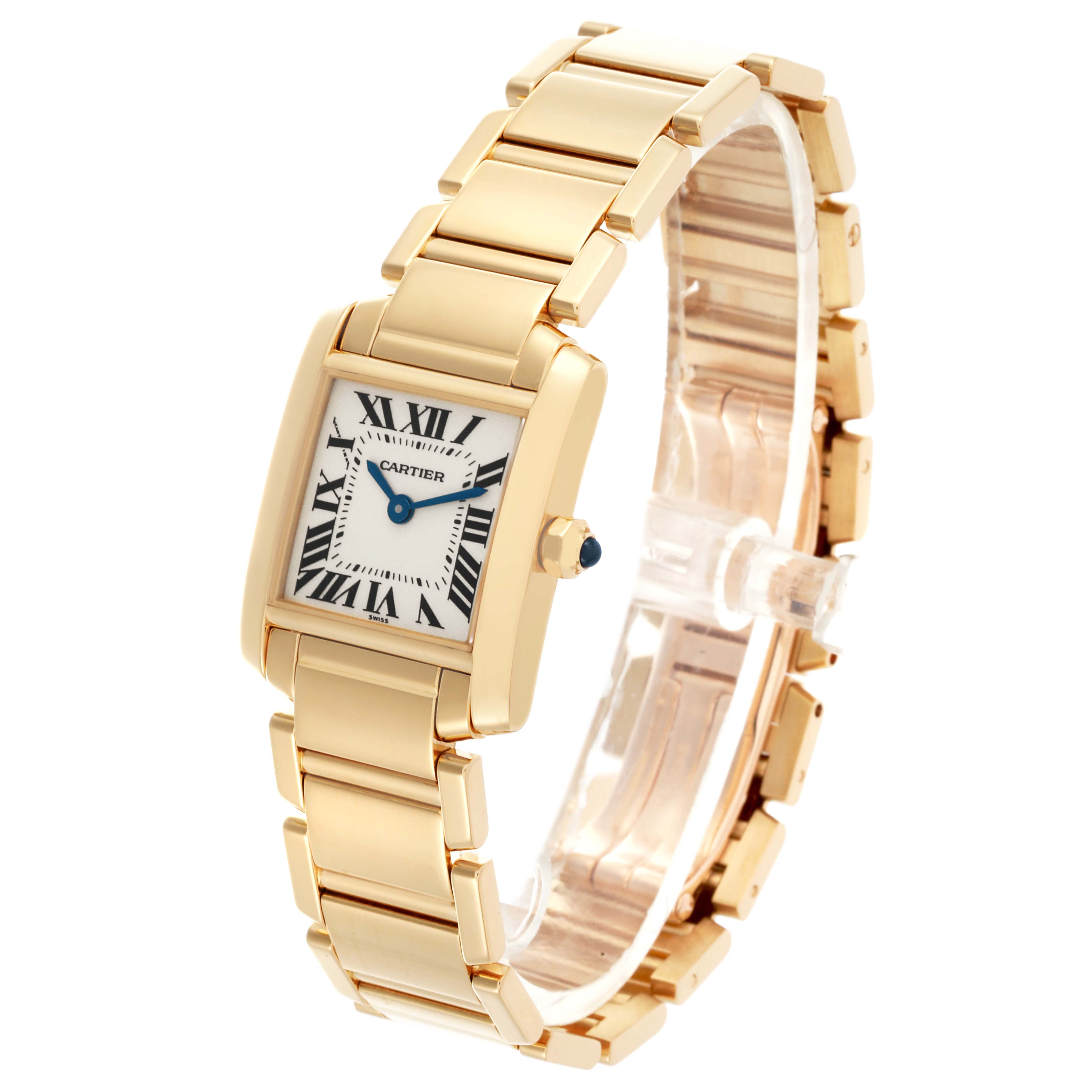 The Cartier Tank Francaise W50002N2 Women's Yellow Gold White Dial W50002N2 Women's Yellow Gold White Dial watch is shown at an angle highlighting the face, bracelet, and side profile.
