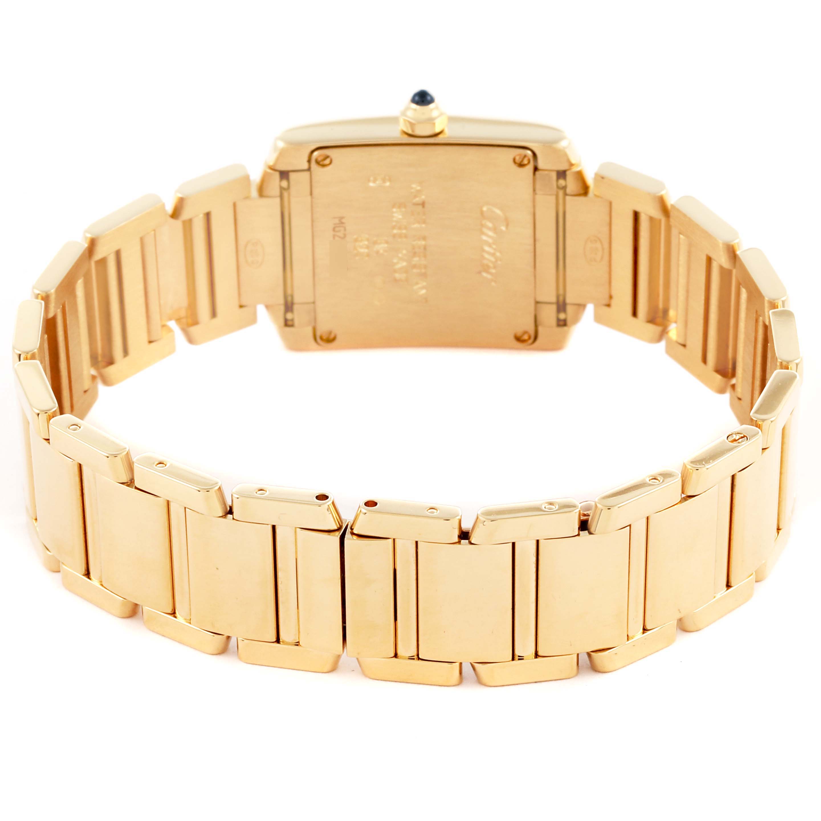 The image shows the back and bracelet of the Cartier Tank Française watch, highlighting the gold links and clasp.