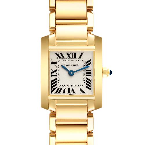 The Cartier Tank Française watch is shown from the front, highlighting the face, bracelet, and crown.