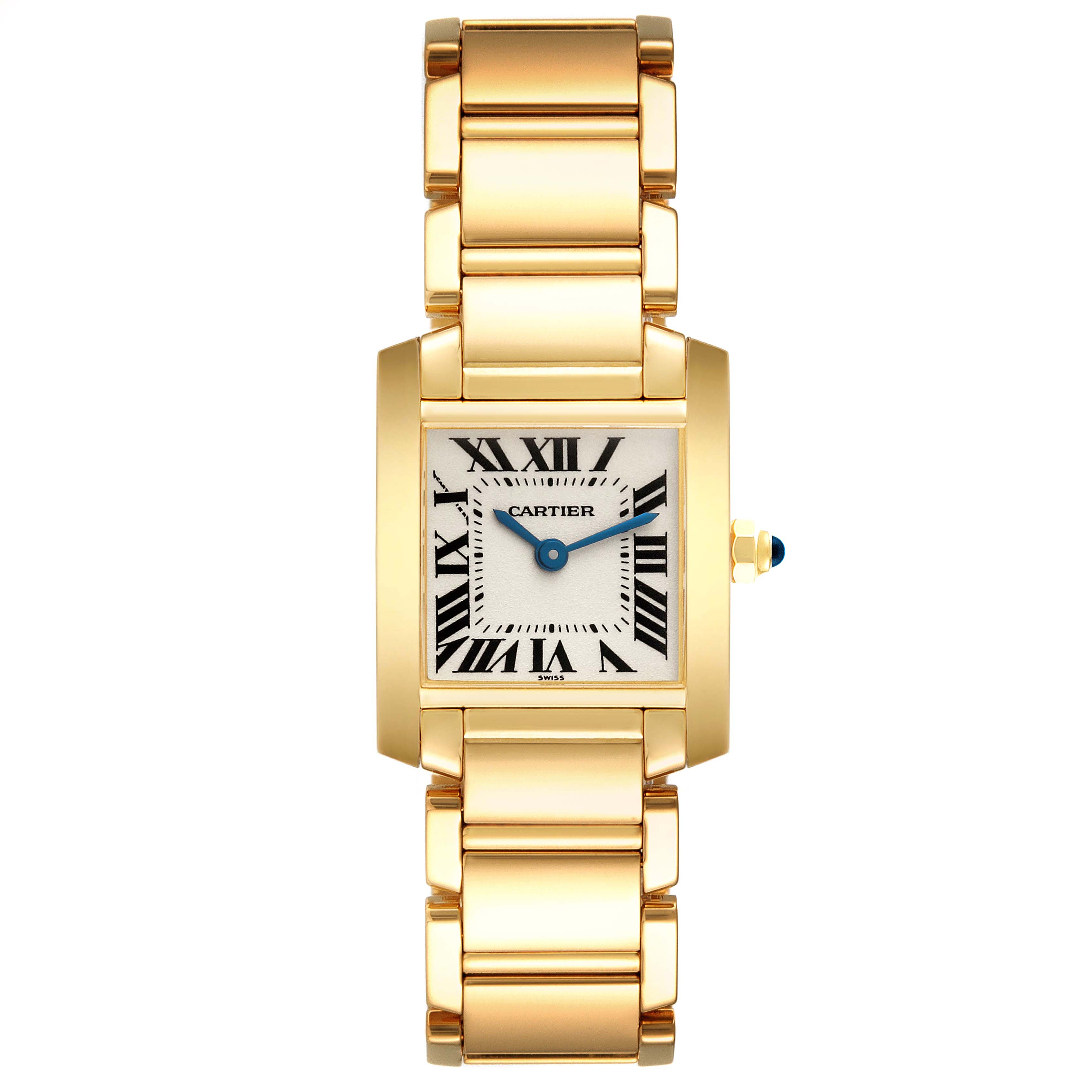 The Cartier Tank Francaise W50002N2 Women's Yellow Gold White Dial W50002N2 Women's Yellow Gold White Dial watch is shown from the front, displaying the dial and part of the gold bracelet.