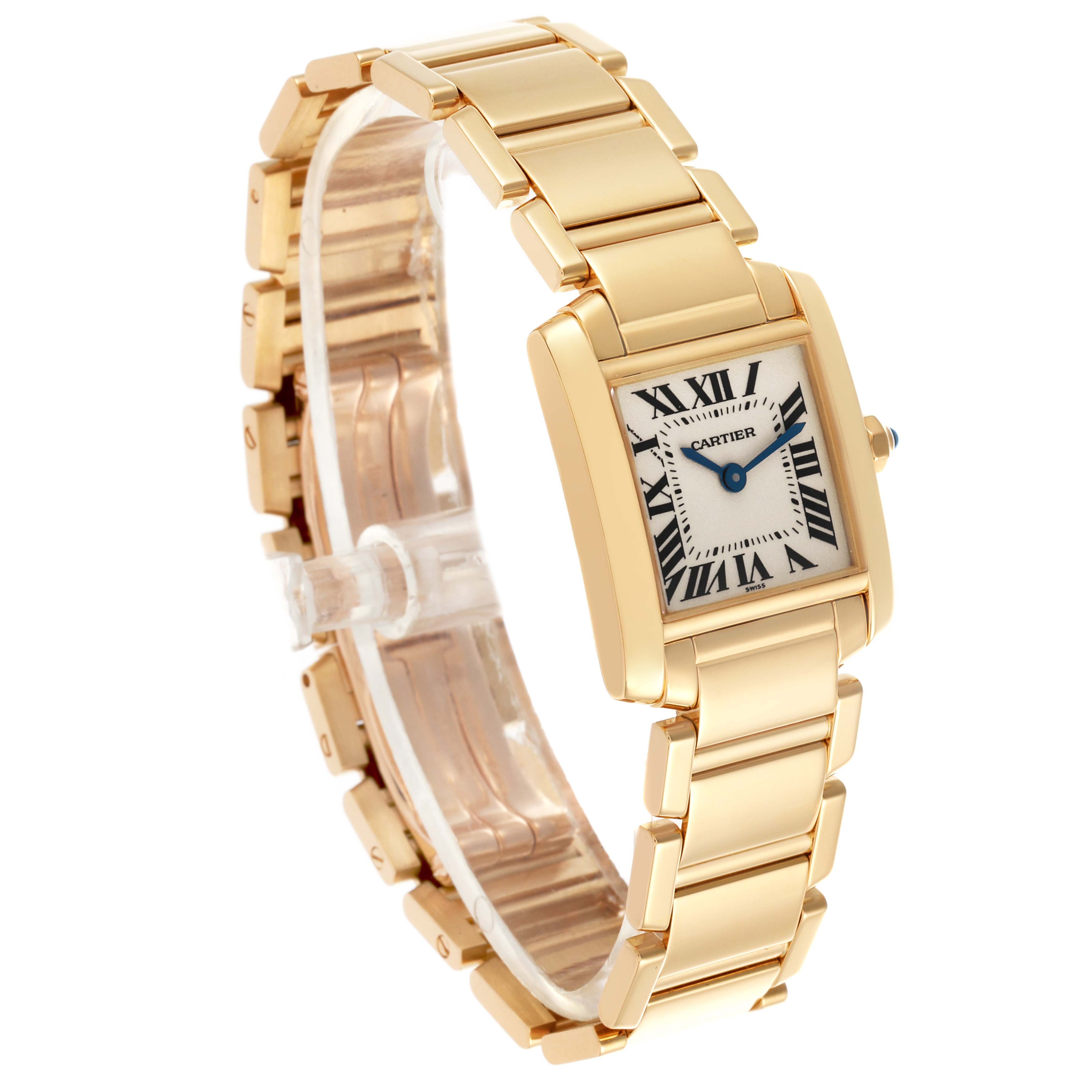 The Cartier Tank Française watch is shown from a three-quarter angle, highlighting the rectangular face and gold bracelet.