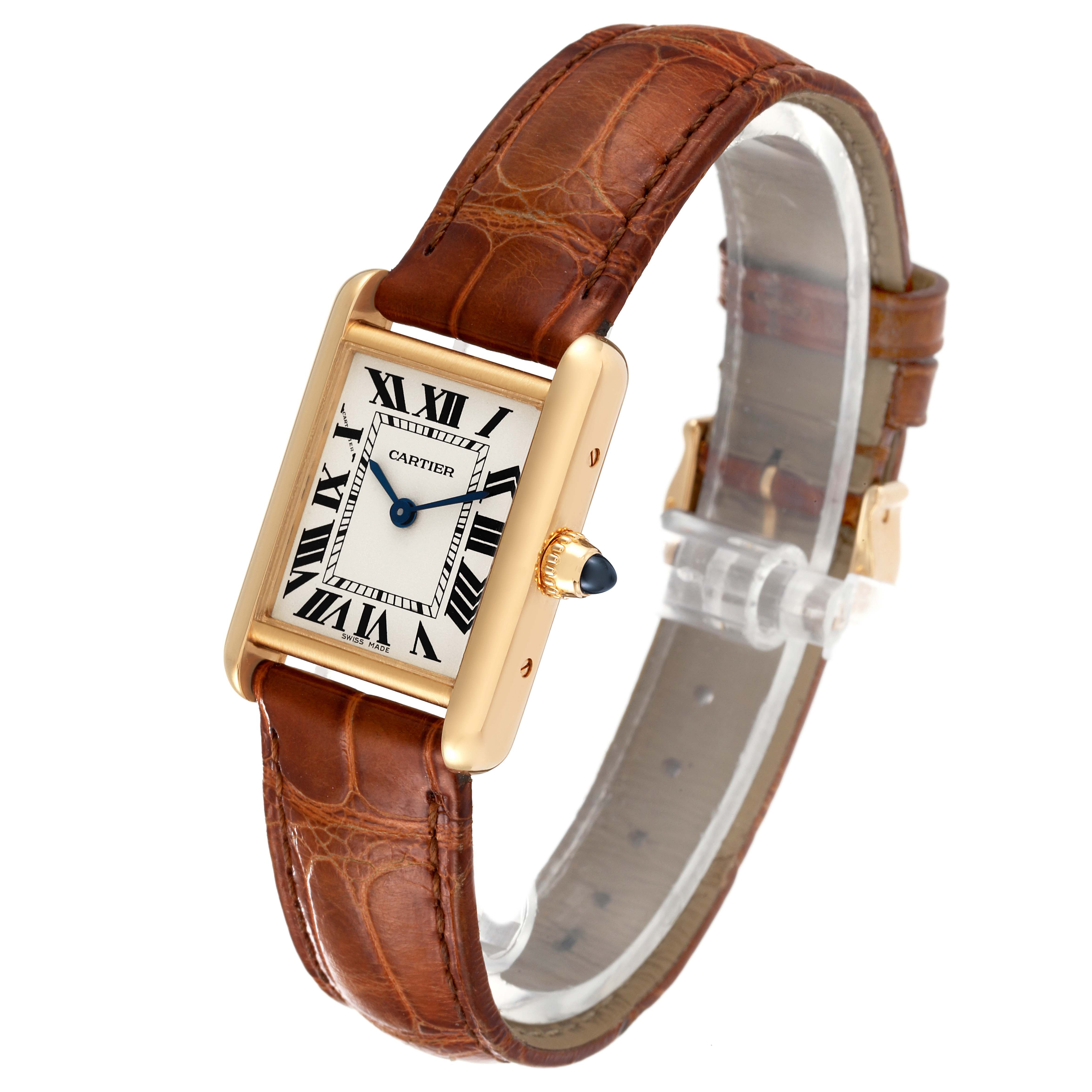 The Cartier Tank Louis W1529856 Women
s Yellow Gold Silver Dial W1529856 Women
s Yellow Gold Silver Dial model watch is shown at a three-quarter angle, highlighting its face, strap, and crown.
