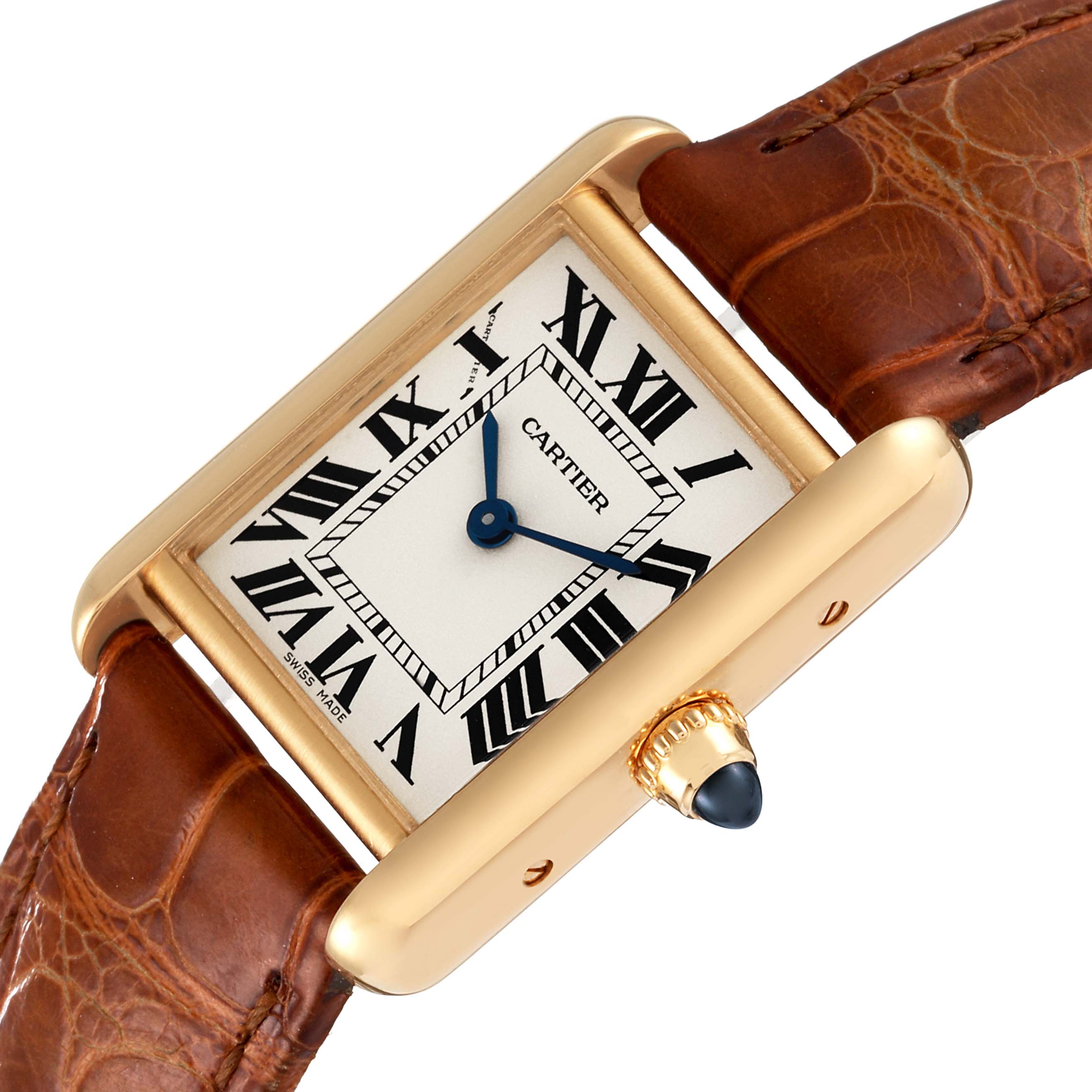 This image showcases a Cartier Tank Louis W1529856 Women
s Yellow Gold Silver Dial W1529856 Women
s Yellow Gold Silver Dial watch
s face, crown, and partial brown leather strap from a close-up, angled view.