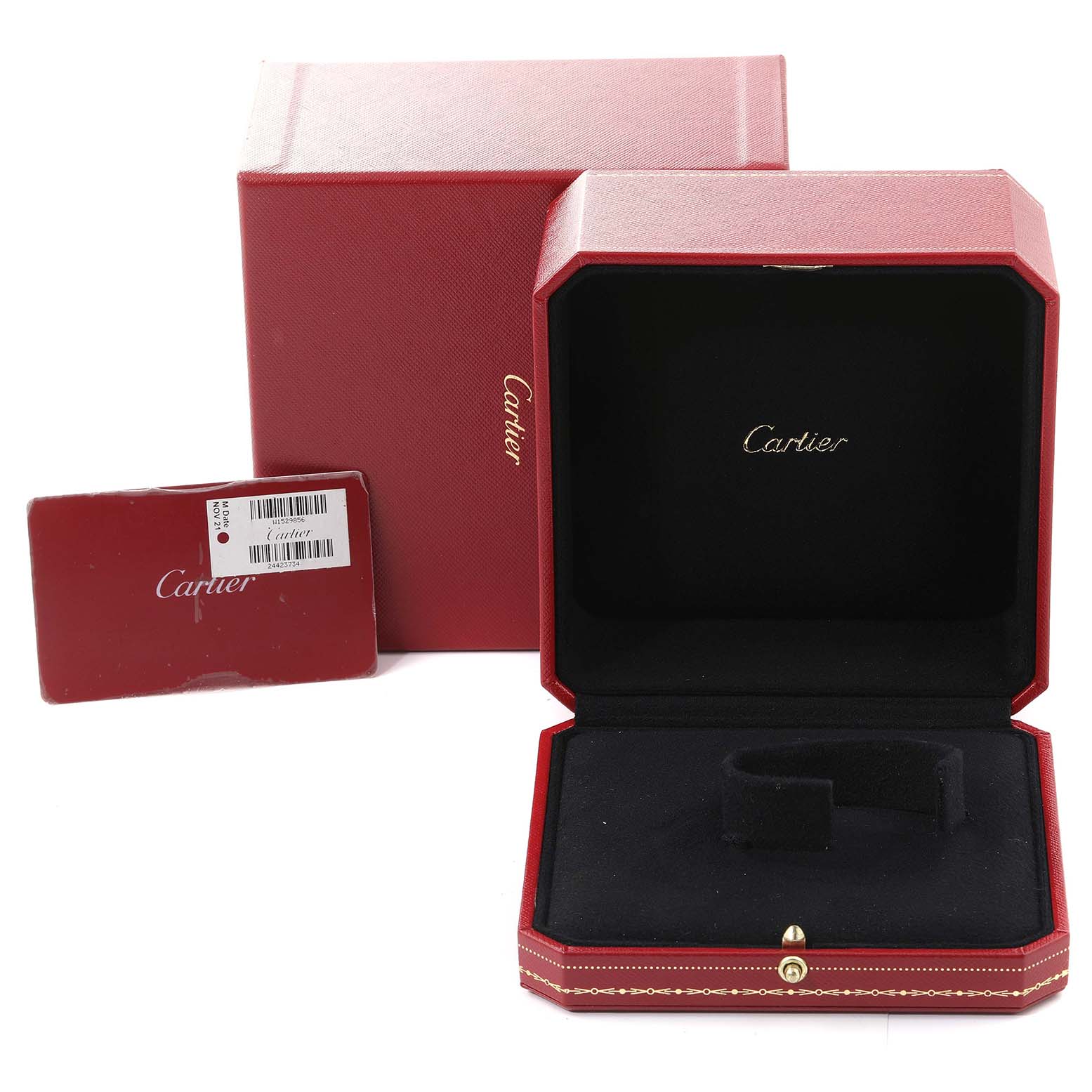 The image shows a red Cartier Tank Louis W1529856 Women
s Yellow Gold Silver Dial W1529856 Women
s Yellow Gold Silver Dial watch box, card, and inner black cushion from a slightly elevated angle.