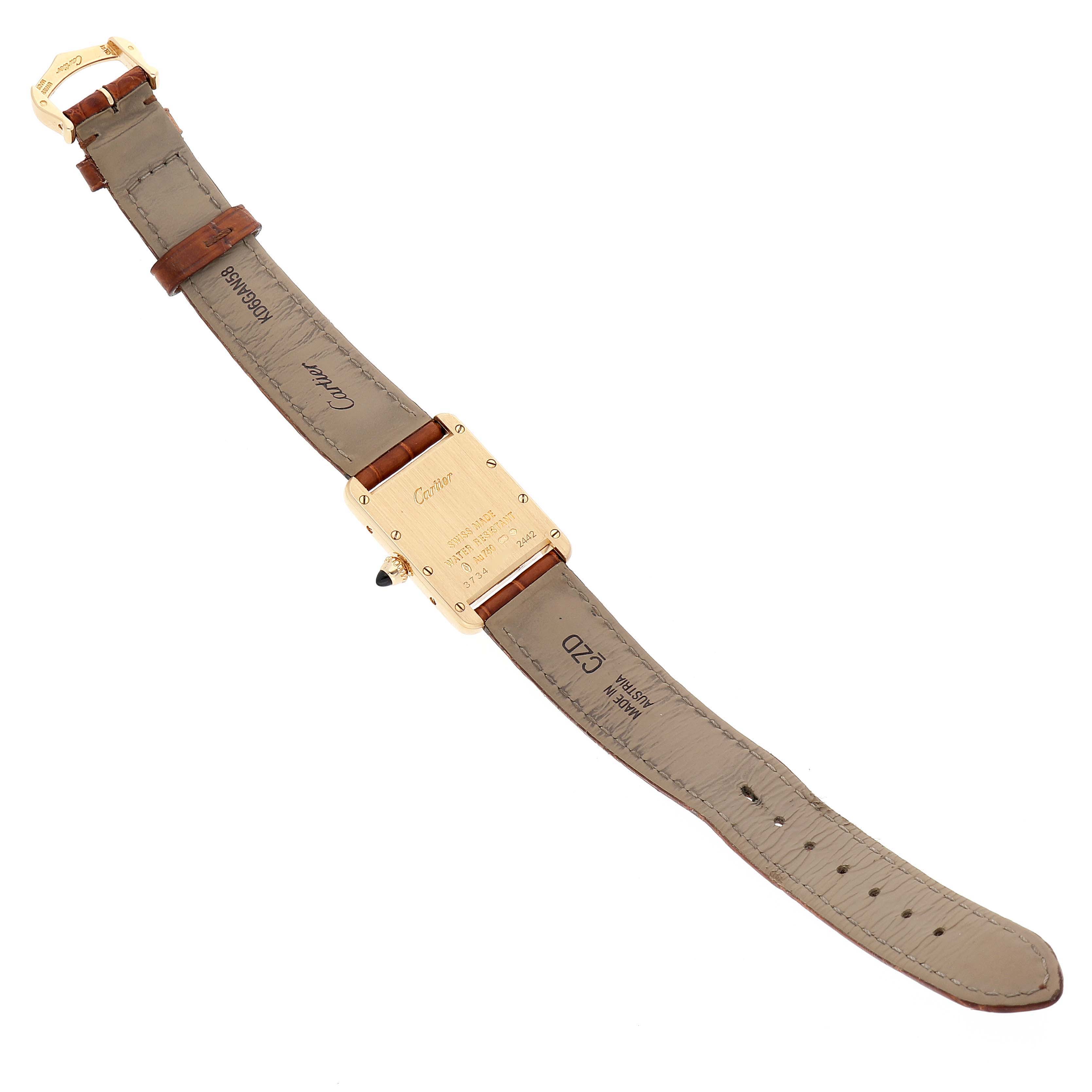 This image shows the back and strap of a Cartier Tank Louis W1529856 Women
s Yellow Gold Silver Dial W1529856 Women
s Yellow Gold Silver Dial watch, providing a view of the case back and buckle.