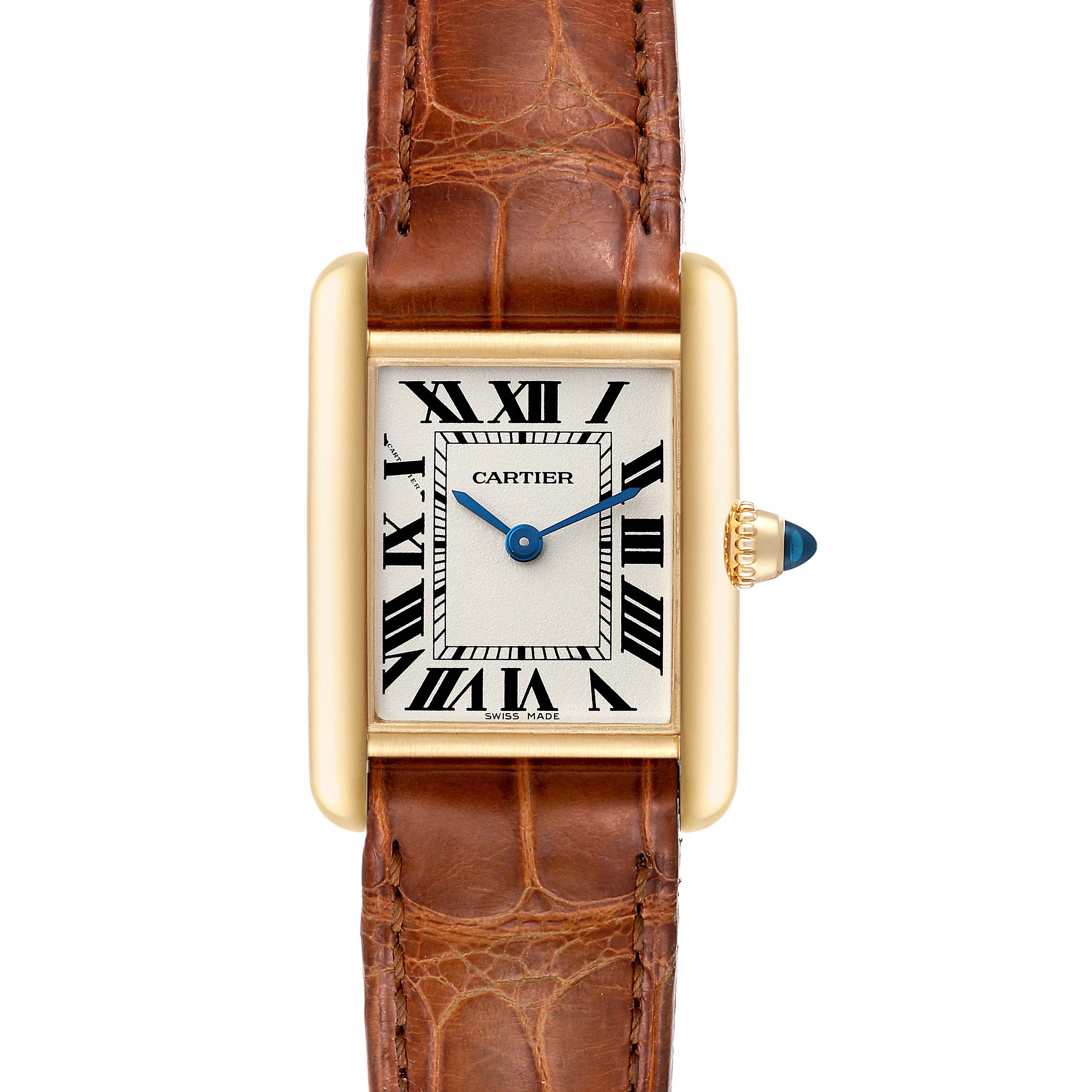 The Cartier Tank Louis W1529856 Women
s Yellow Gold Silver Dial W1529856 Women
s Yellow Gold Silver Dial model is shown from a front view, displaying the face, Roman numeral markers, blue hands, and brown leather strap.