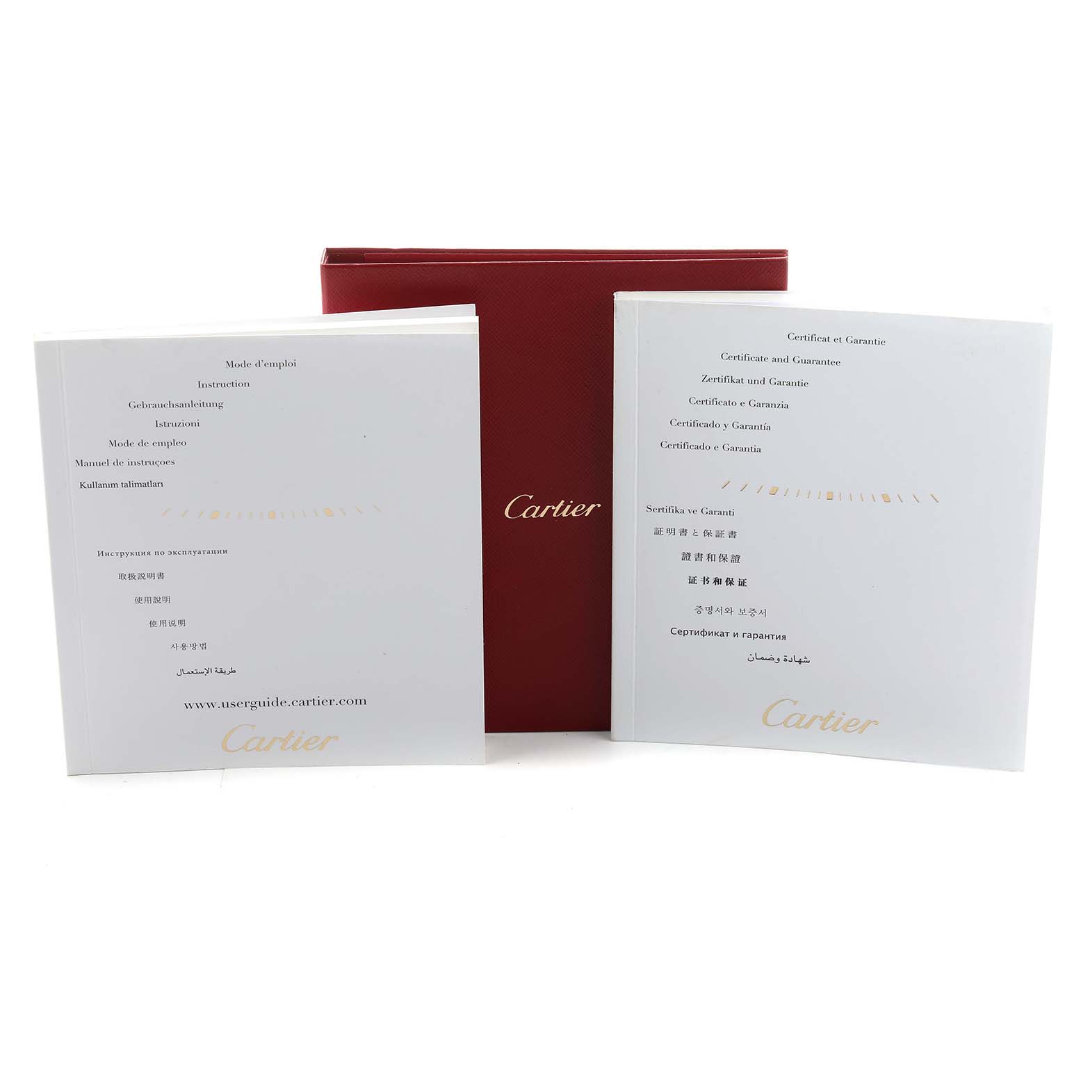 The image shows Cartier Tank Louis W1529856 Women's Yellow Gold Silver Dial watch manuals and certificates in front of a red Cartier box.