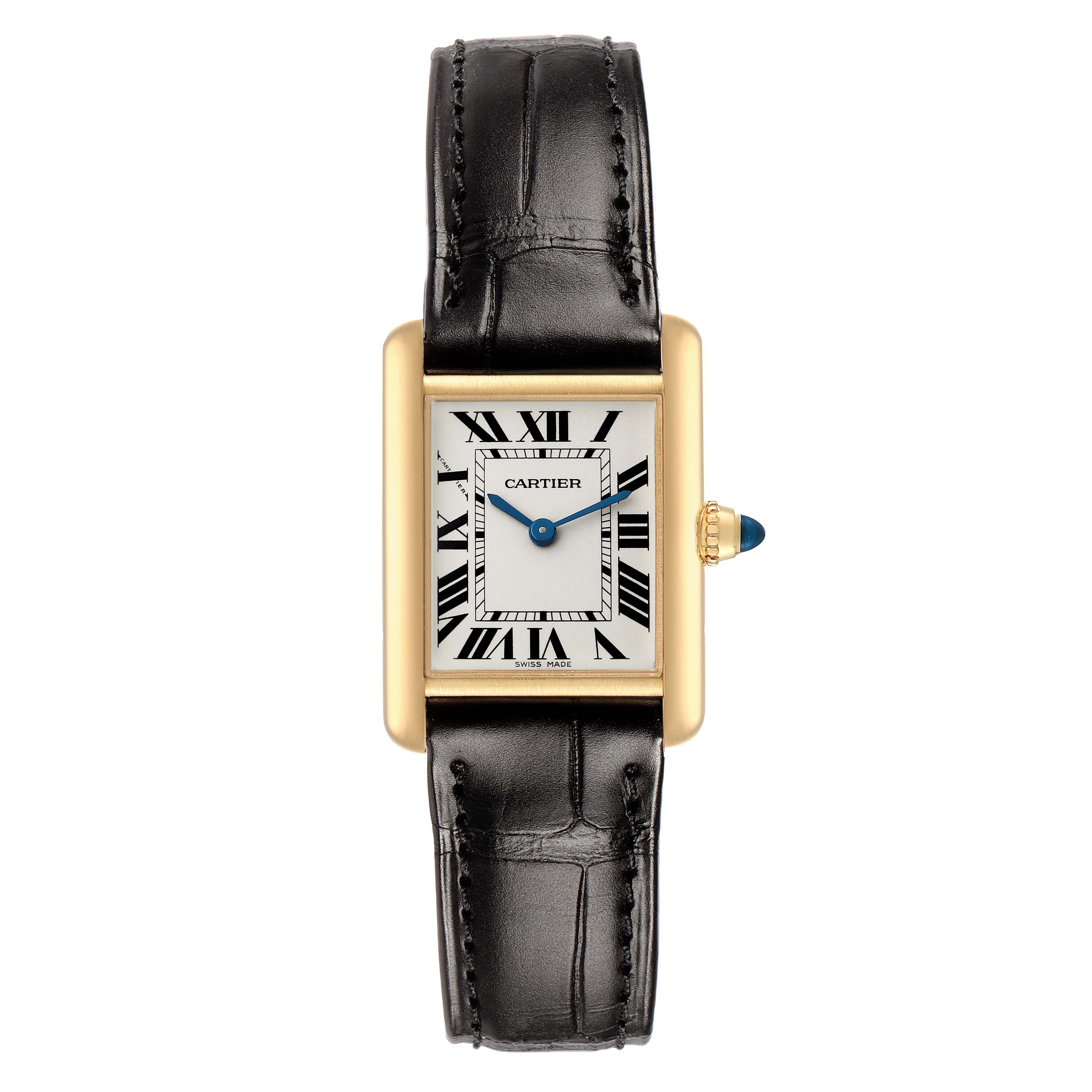 The Cartier Tank Louis W1529856 Women's Yellow Gold Silver Dial watch is shown from a top-down angle, displaying its rectangular face, leather strap, and gold case.