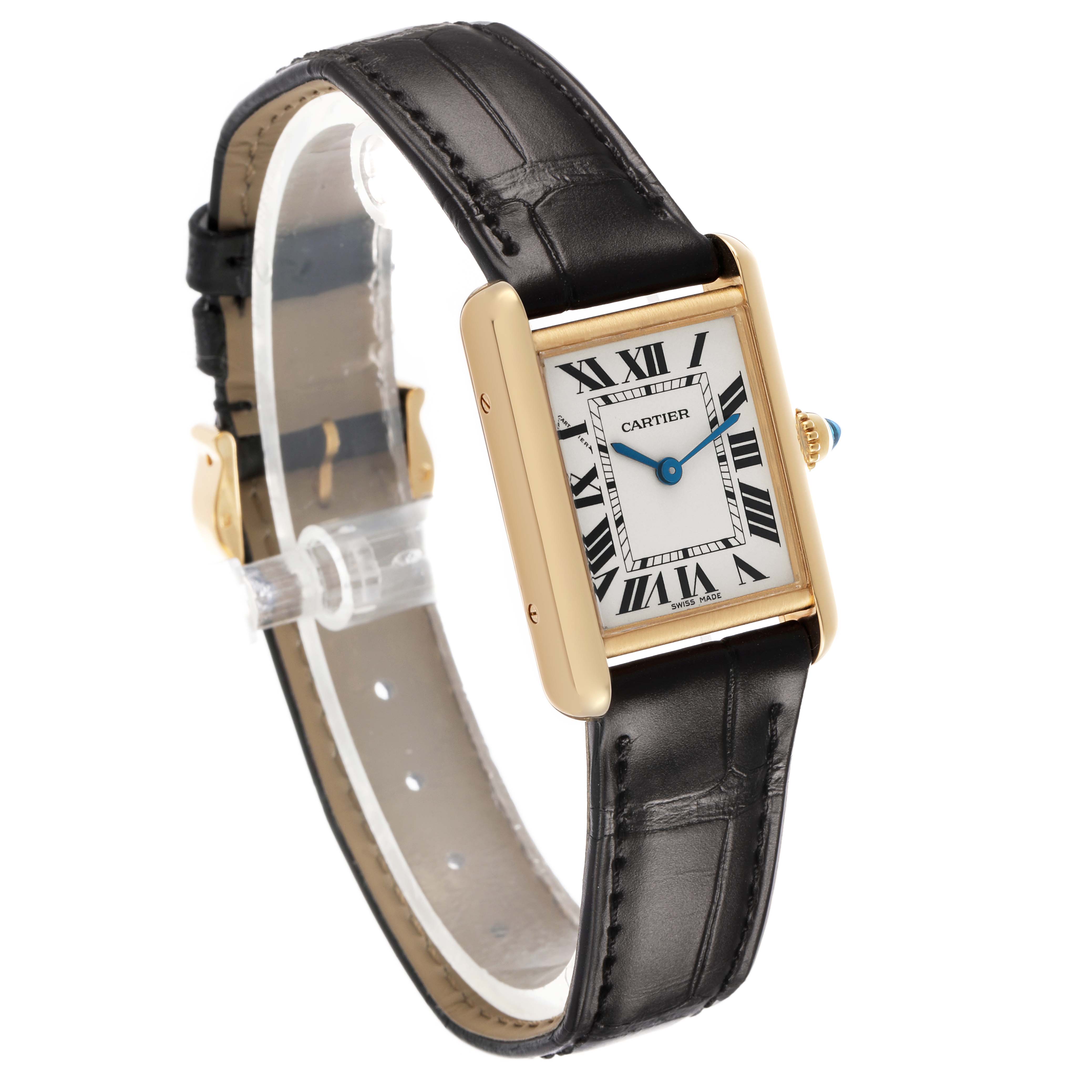 The Cartier Tank Louis W1529856 Women's Yellow Gold Silver Dial watch is shown at a three-quarter angle, highlighting the face, gold case, and black leather strap.