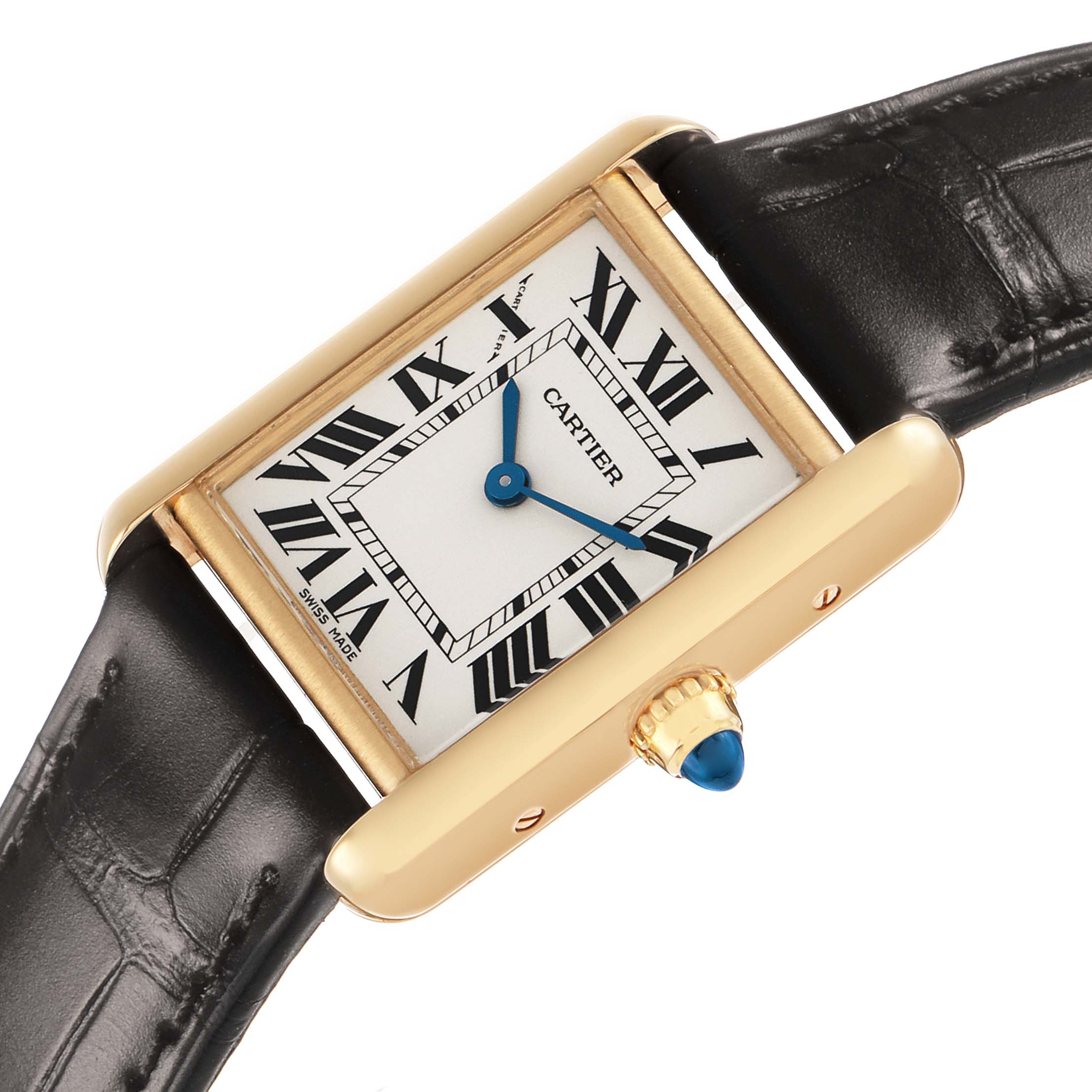 The Cartier Tank Louis W1529856 Women's Yellow Gold Silver Dial watch is shown at an angled side view, highlighting the gold case, Roman numerals, and blue cabochon crown.